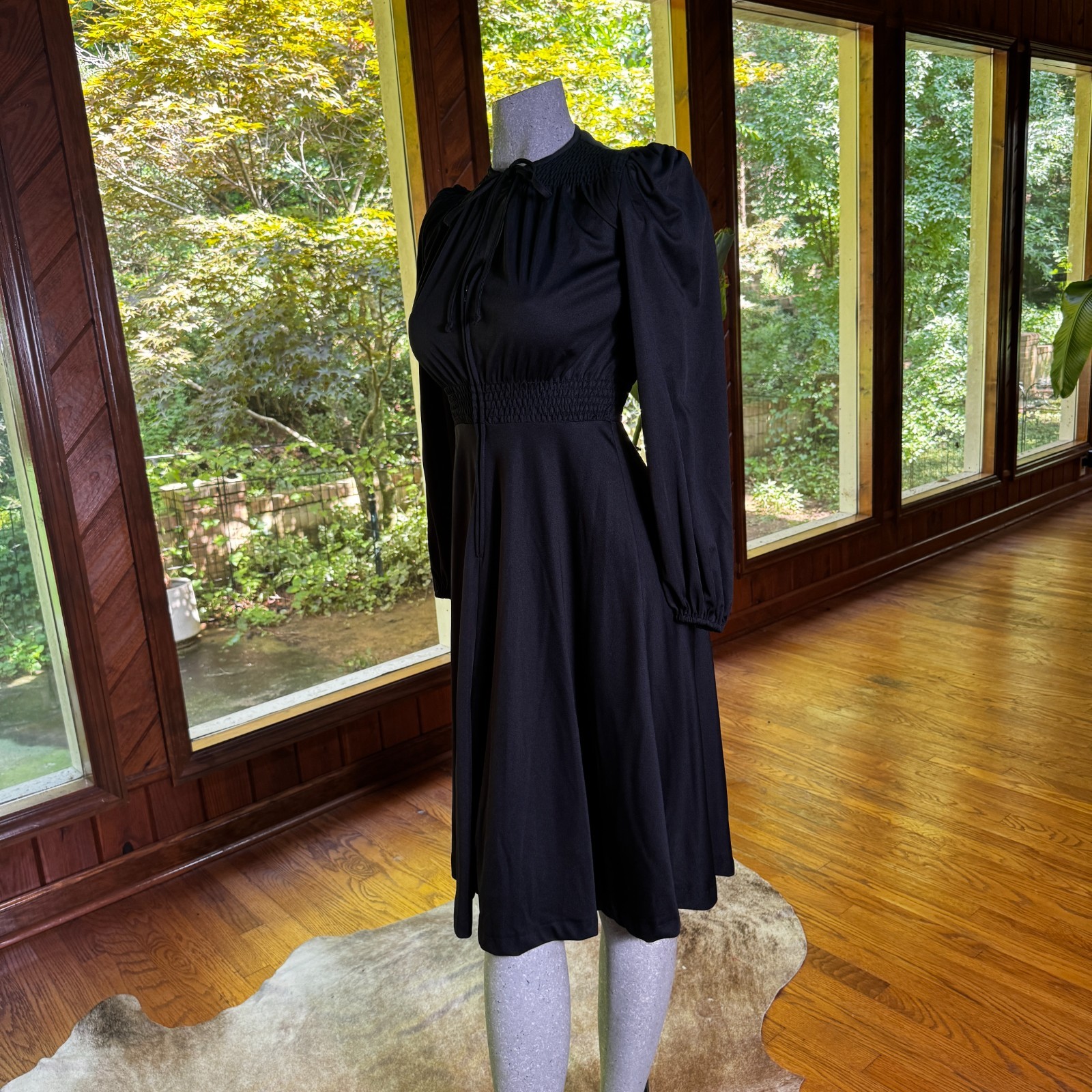 Vintage 70s Young Edwardian by Arpeja Smocked Black Dress Gothic Romantic Small