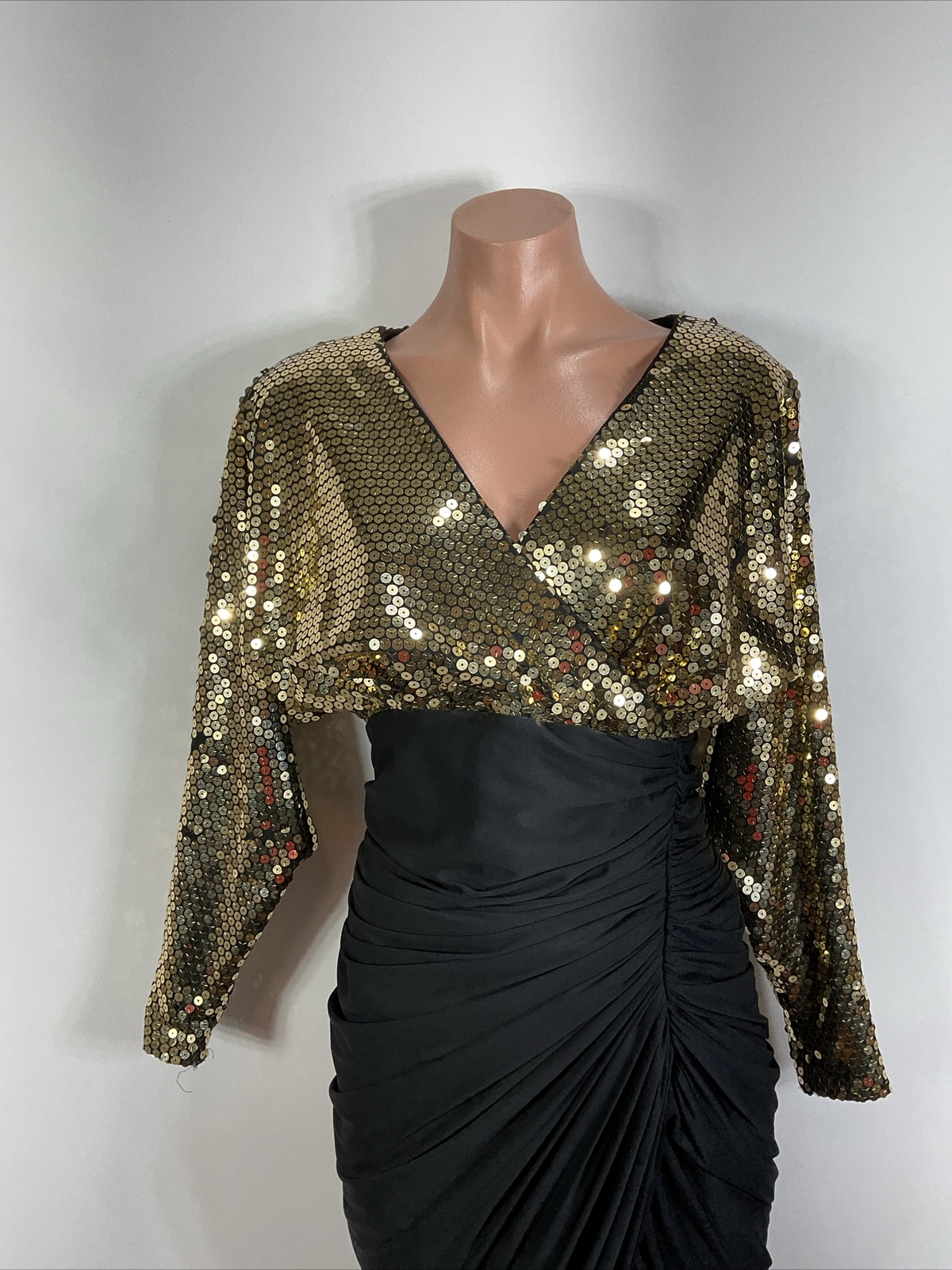 Tadashi VTG Formal Gold Sequin Ruched Draped Cocktail Party Dress Holiday NYE