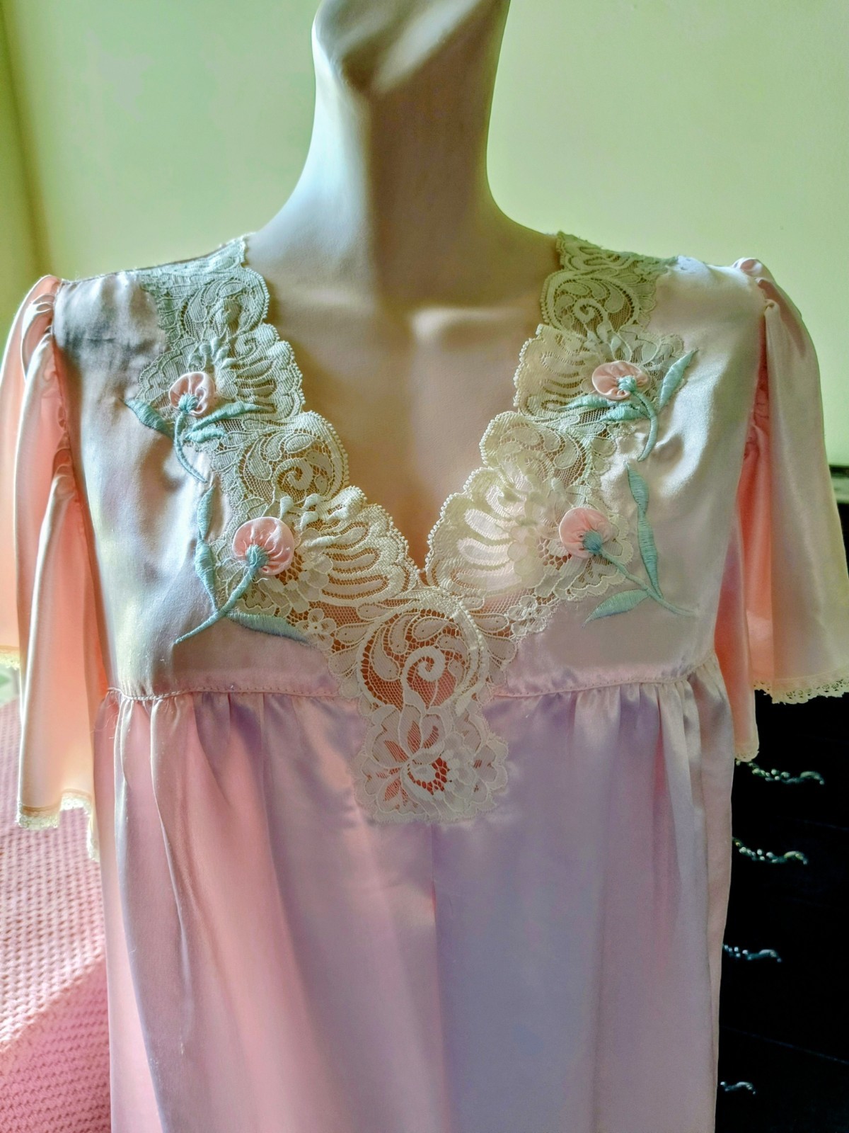 Vintage Eve Stillman Nylon Nightgown Pink Lingerie Large Lacy Silky Satin