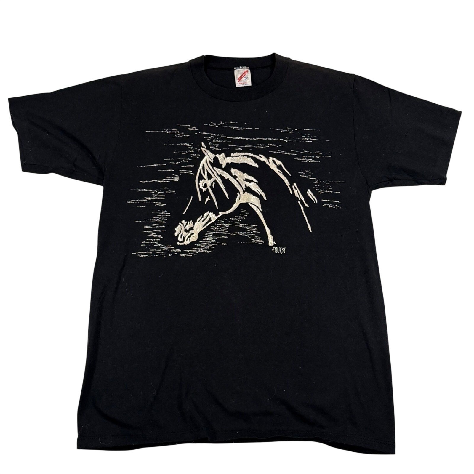 Jerzees Horse Graphic Vintage T-Shirt Black Puff Print Equest Made in USA Large