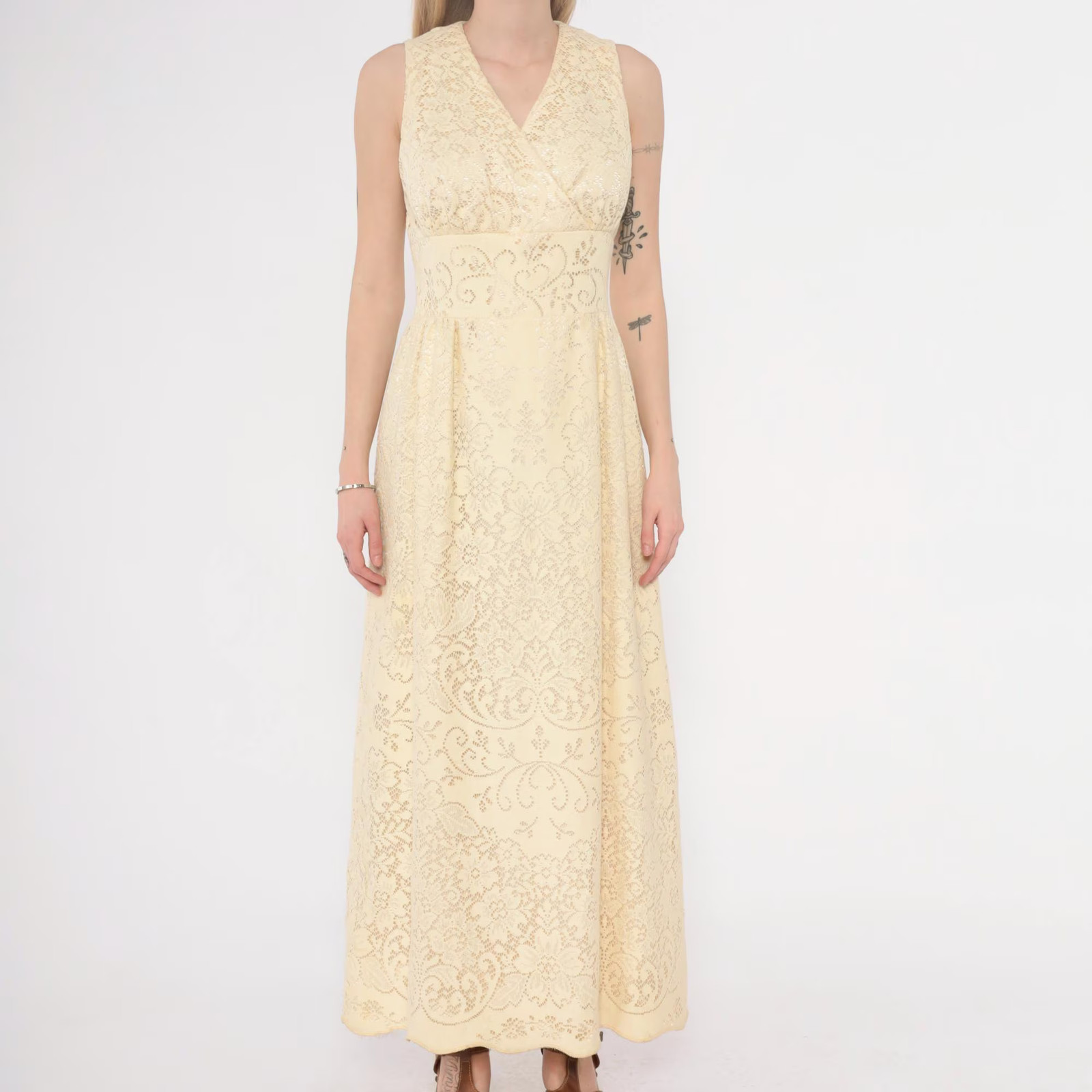 70s Bohemian Wedding Dress Lace Maxi Dress Cream Ivory V Neck Sleeveless Empire