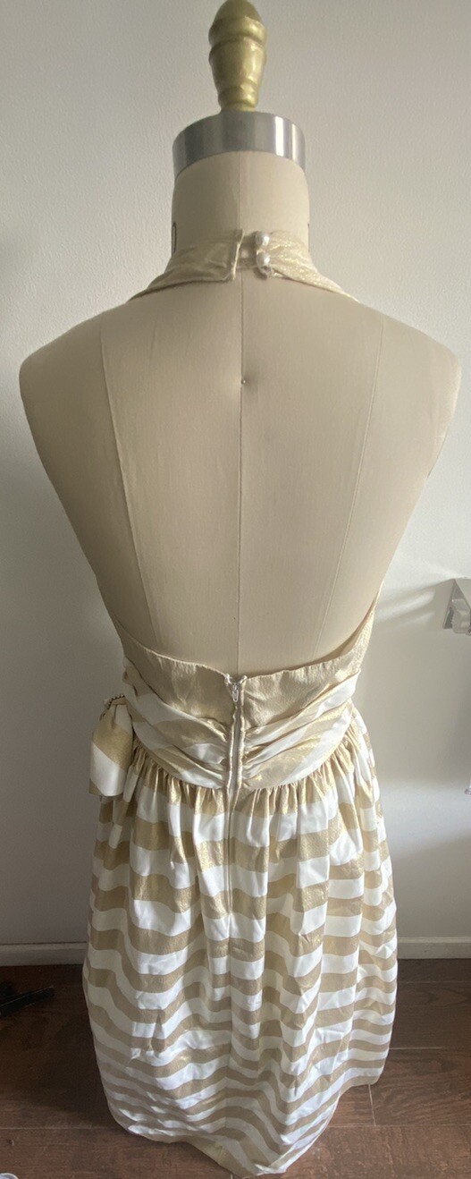 Vintage Niki Originals Halter Dress Prom White & Gold Metallic Union Label SZ 14