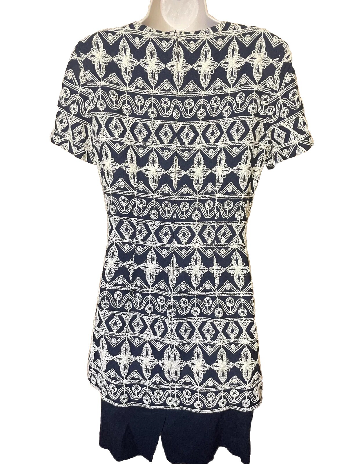 Vintage 1970s Yves Cossette Depeche Mode Size 6 Navy & Ivory Embroidered Dress
