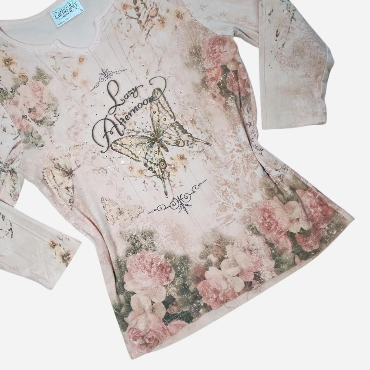 vintage y2k french art nouveau tee butterfly rhinestone rose aop whimsical sz s