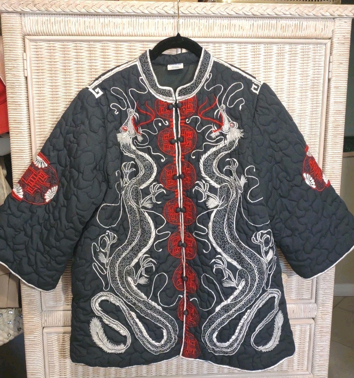 Oriental Mandarin Dragons Embroidery Quilted Cotton Blend Jacket Black L