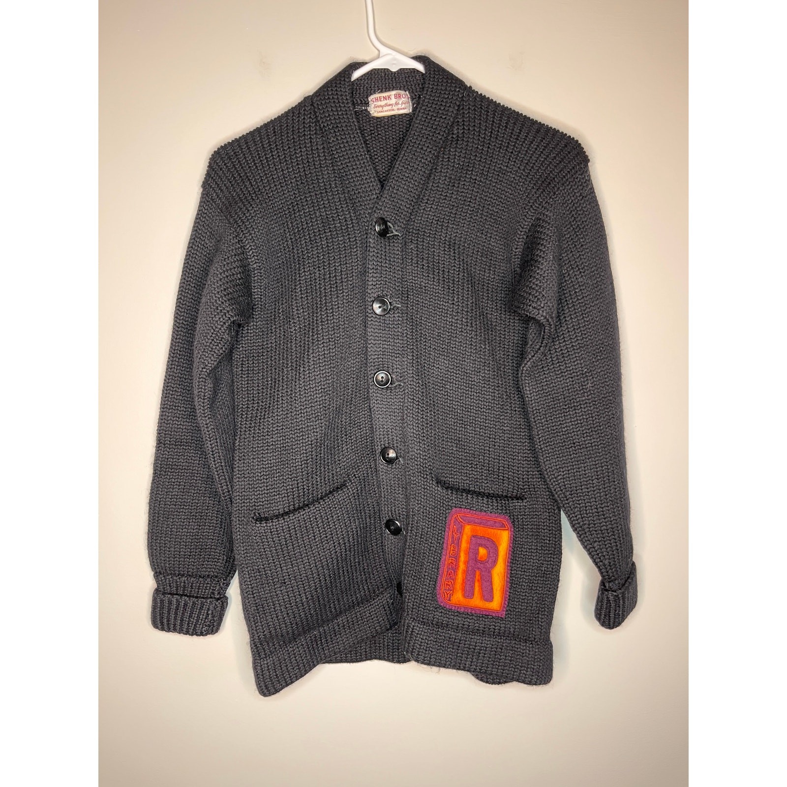 1940s Shenk Bros Black Maroon Library Book Reader Novel Patch Varsity Cardigan M