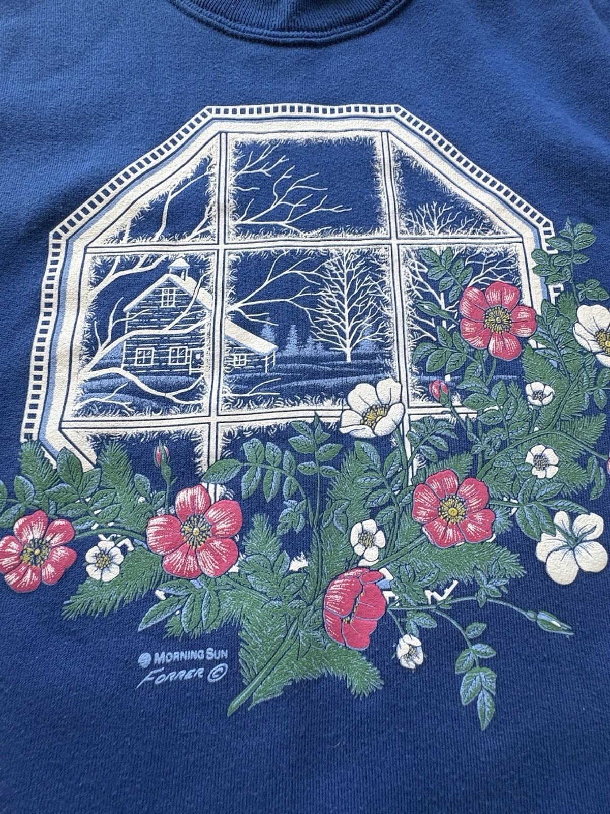 Vintage Morning Sun 90s Streetwear Women XL Farmhouse Flower Sweatshirt Blue USA