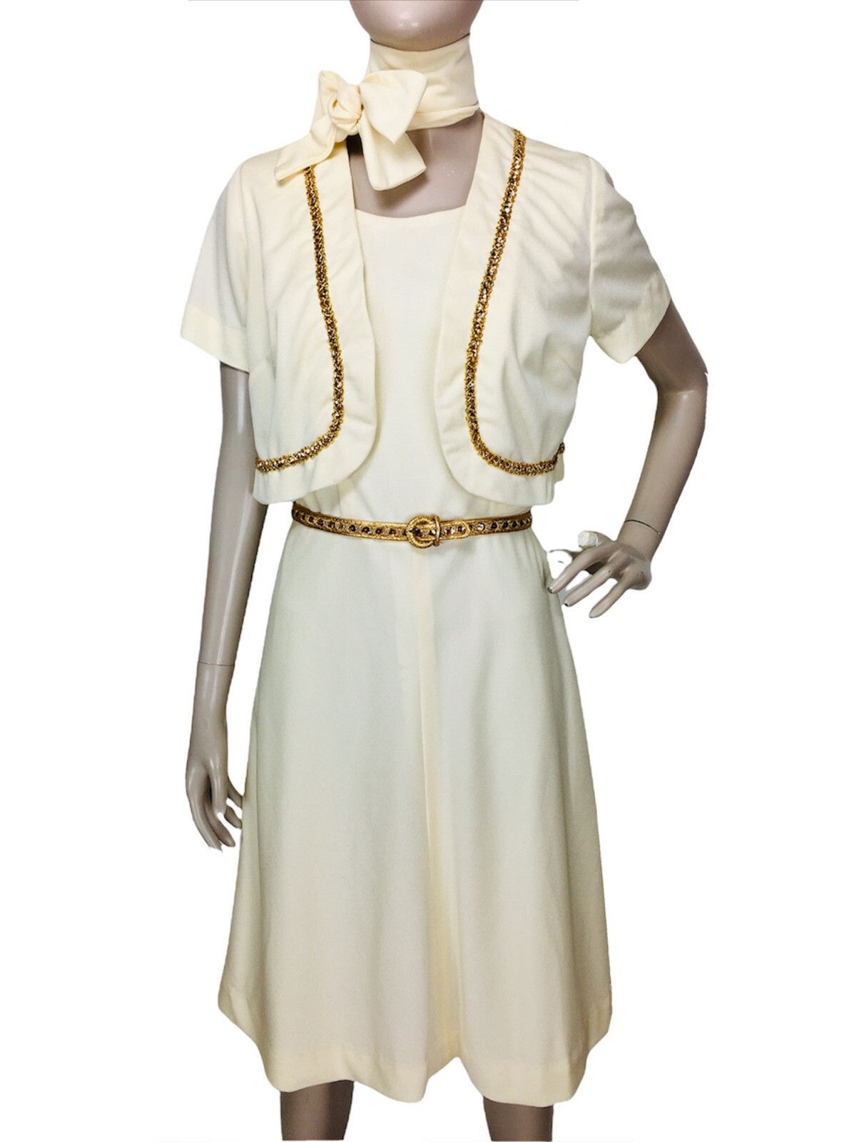 Vintage 60s Ivory & Gold Belted Dress Bolero Jacket Head Scarf 4 Piece Set