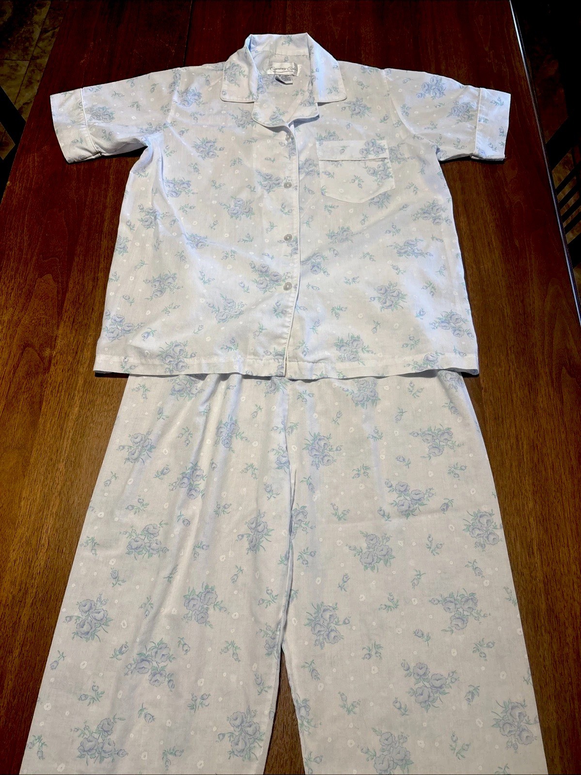 Vtg Ladies Pajama Set Blue Floral Cotton Blend Courtney Cole Hong Kong Small
