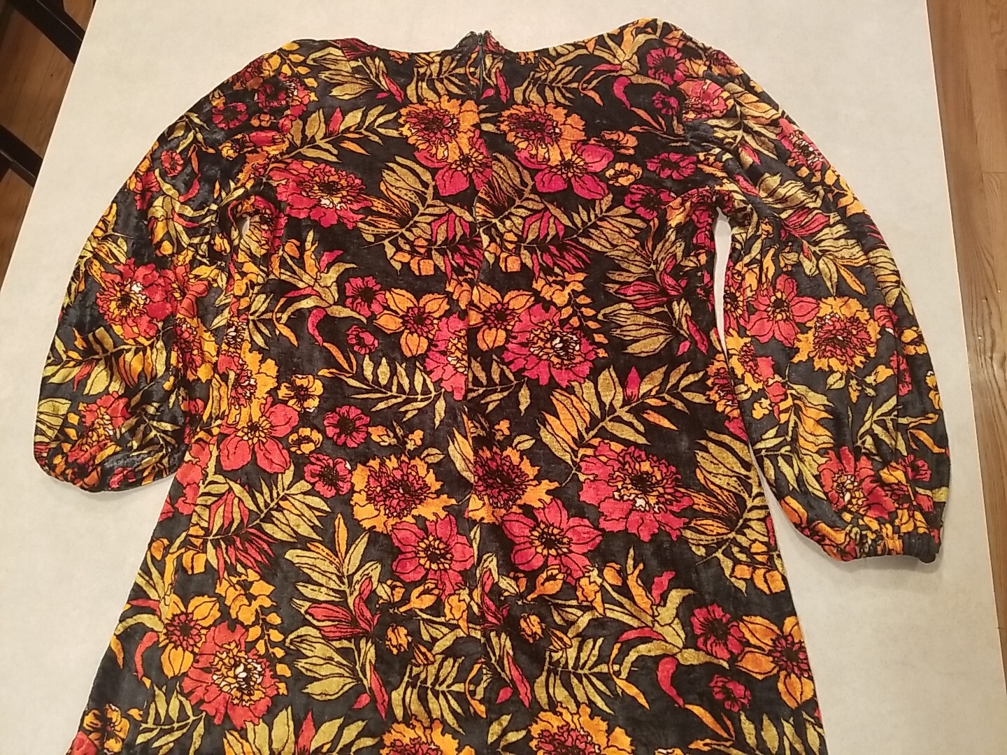Vintage 1970s Handmade Mini Dress Orange Red Floral Design Zipper Closure Velvet