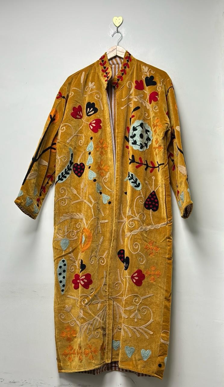 Mustard Velvet Suzani Coat Embroidered Floral Boho Long Gown & Boho Jackets US