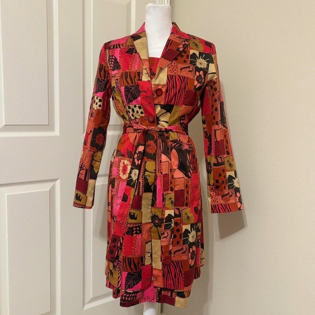 Vintage 80s 2pc Mini Dress and Belted jacket Set Safari Print Boho Retro Pink 6P