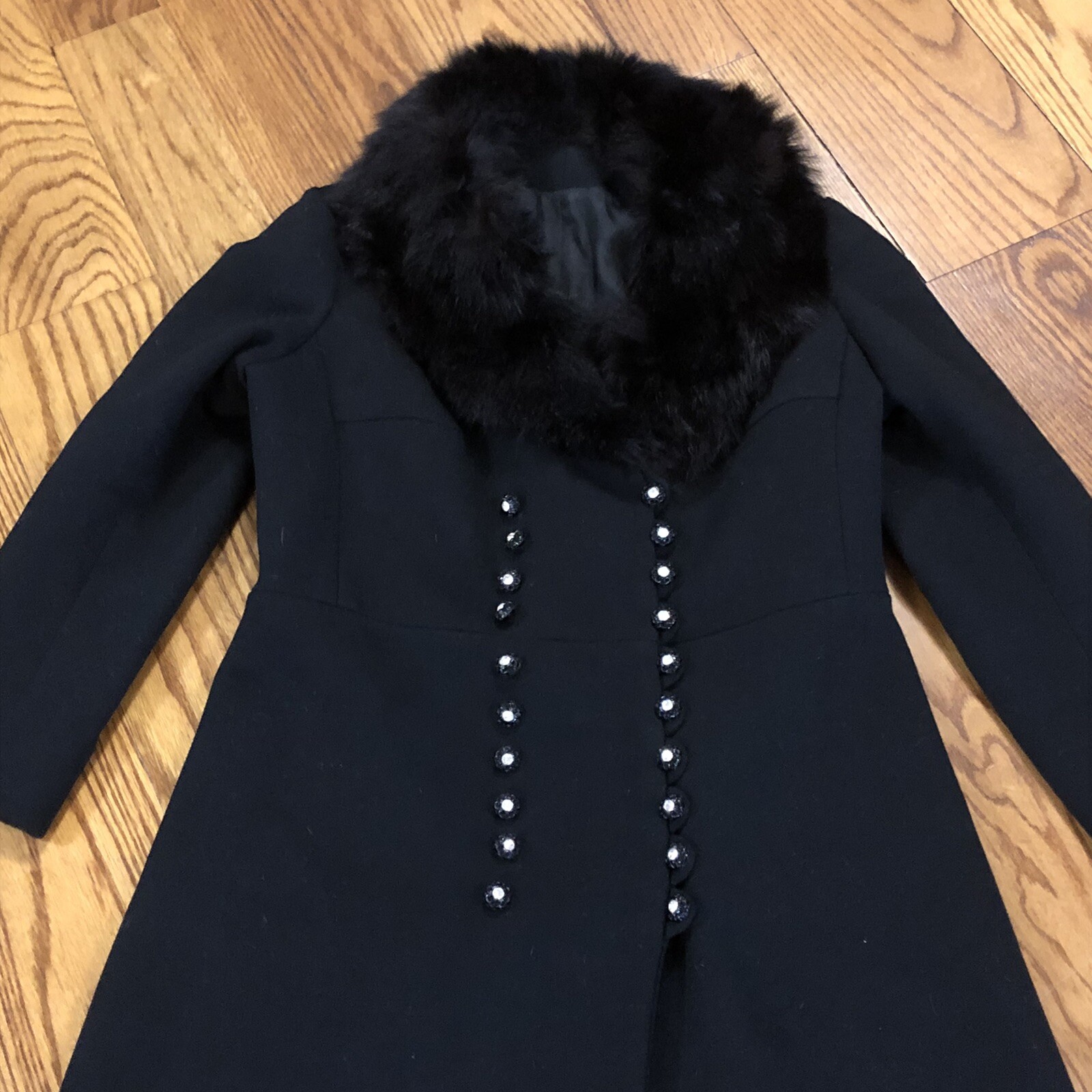 Vtg 50’s Ladies Black Wool 52″ Long Coat w/ Fur Collar Rhinestone Buttons