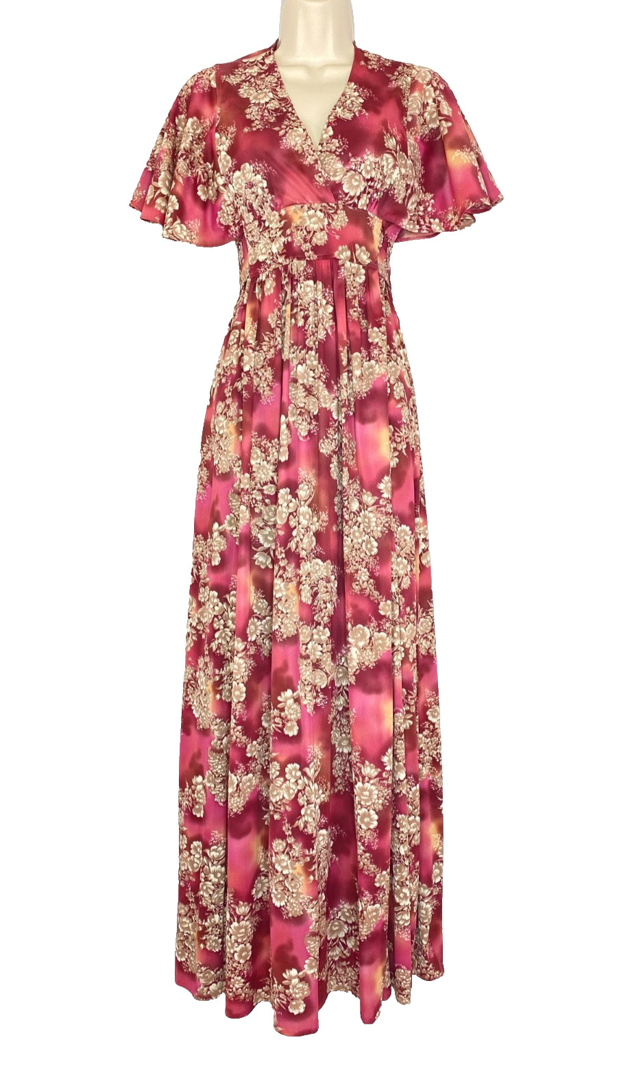 Vintage 1970s dusty pink floral maxi dress A-line short flutter sleeves FRITZI