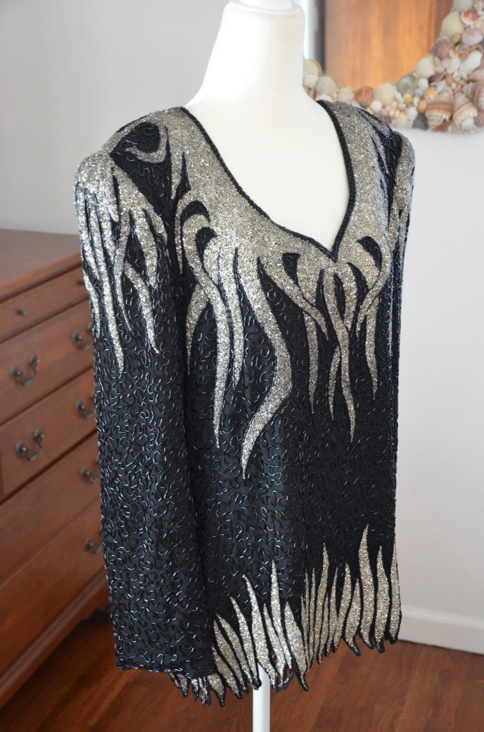 Vintage 80s 100% Silk Black & Silver Heavily Beaded Evening Top! 1X Plus Size