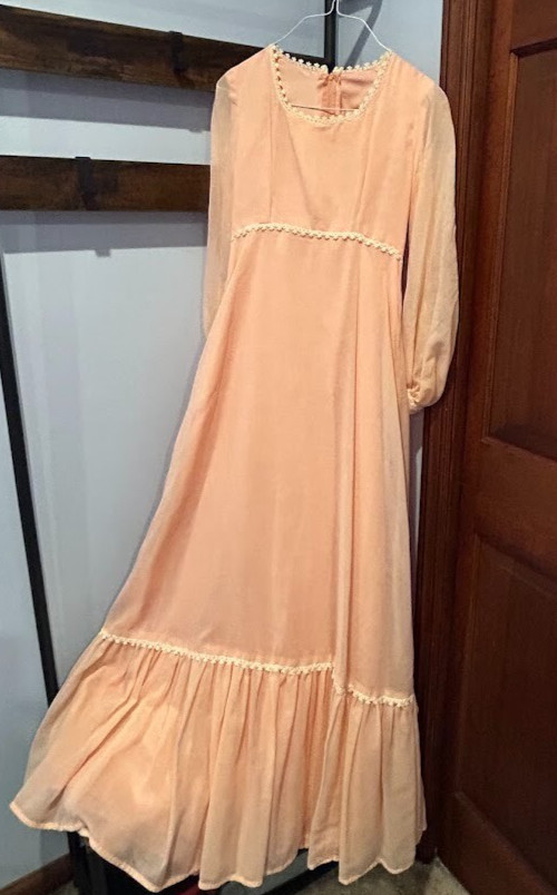 VTG Romantic Cottagecore Fairycore Boho Prairie Dress White Trim Peach Sz XS-S