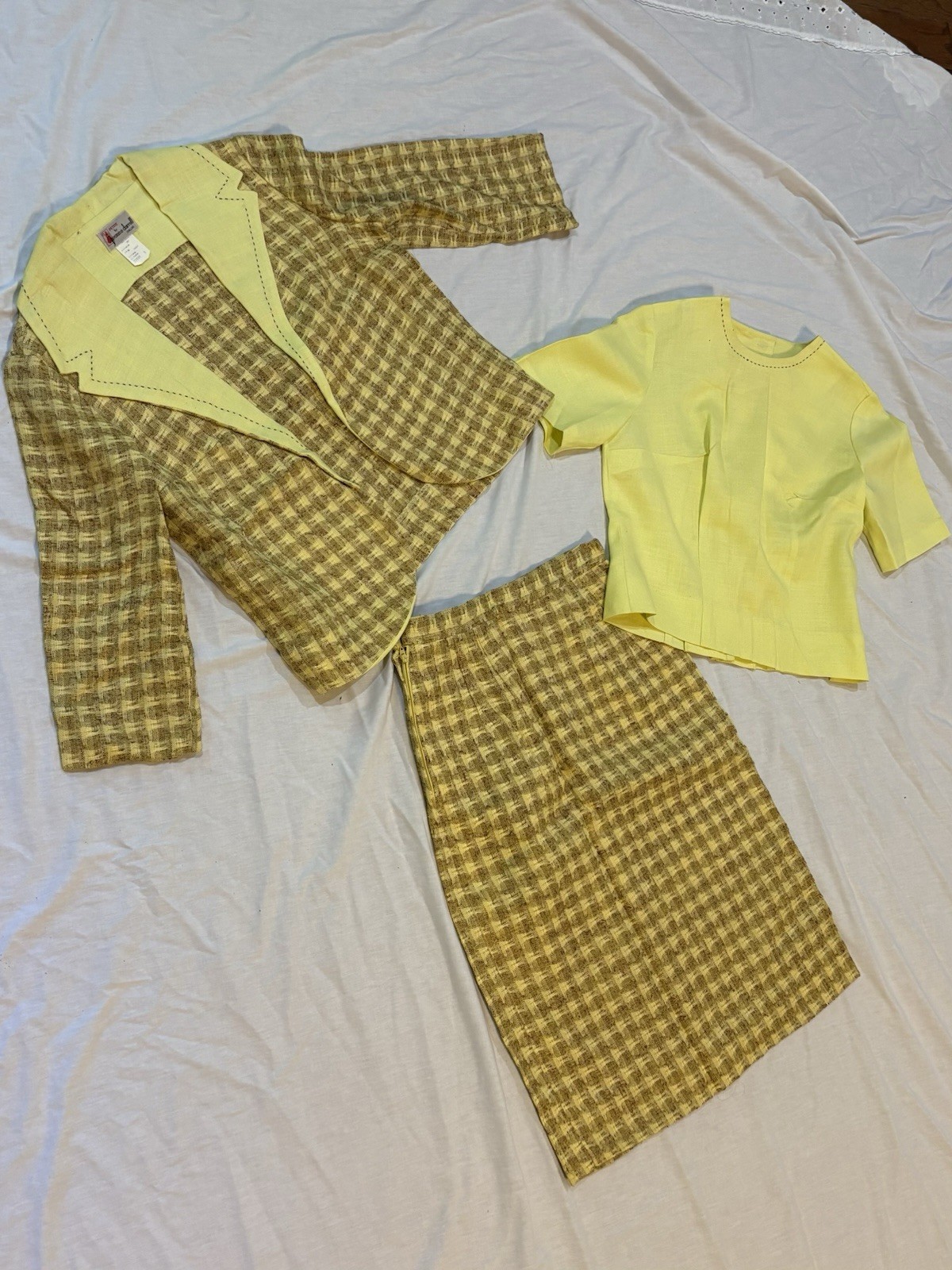 Vintage 60s 70s Jeanne Durrell Dallas 3 Pc Suit Mod Yellow Skirt Set Size 8