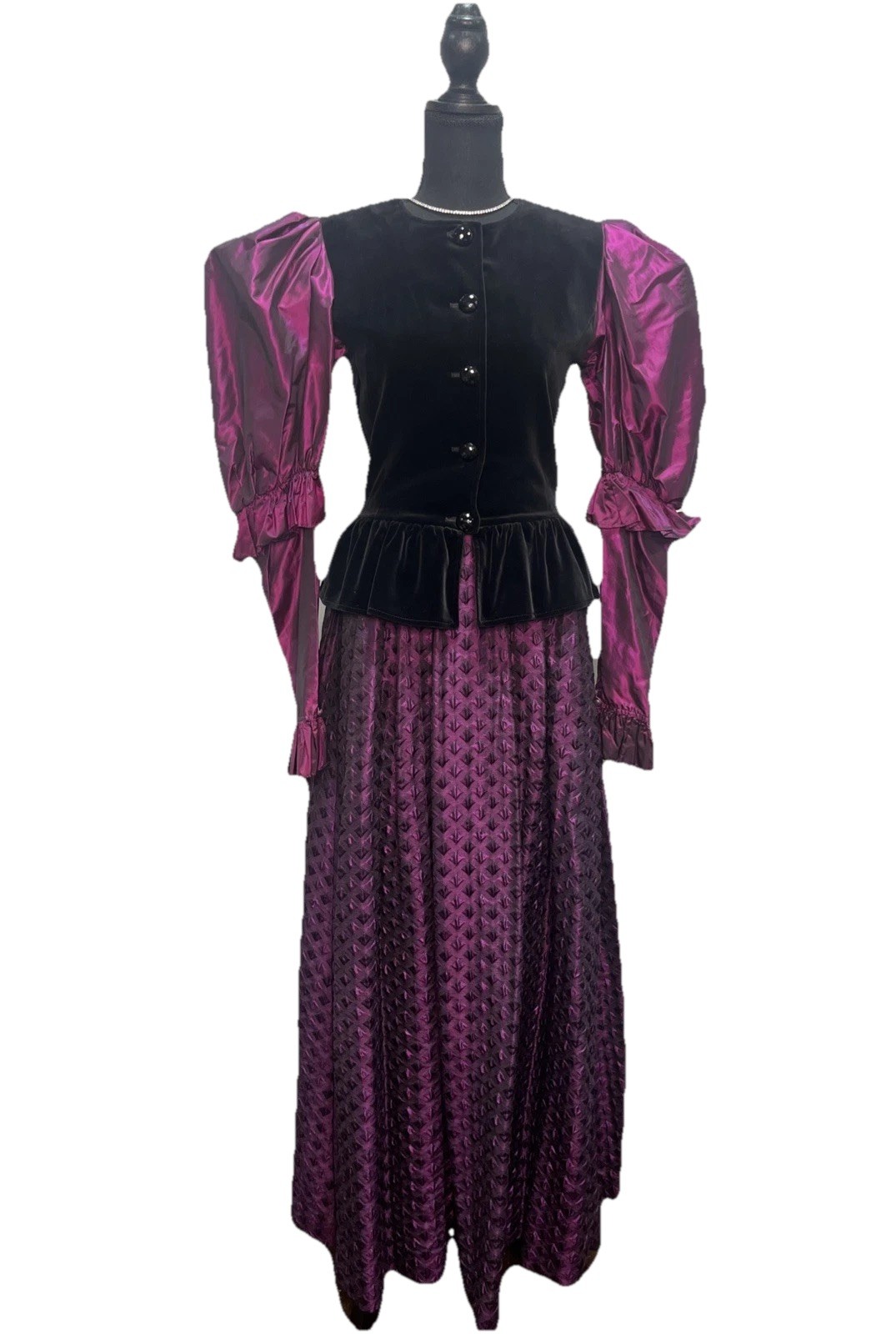 VTG YVES SAINT LAURENT 2pc Skirt and Top Blk/Purple Velvet/Taffeta/Wool/Silk 38