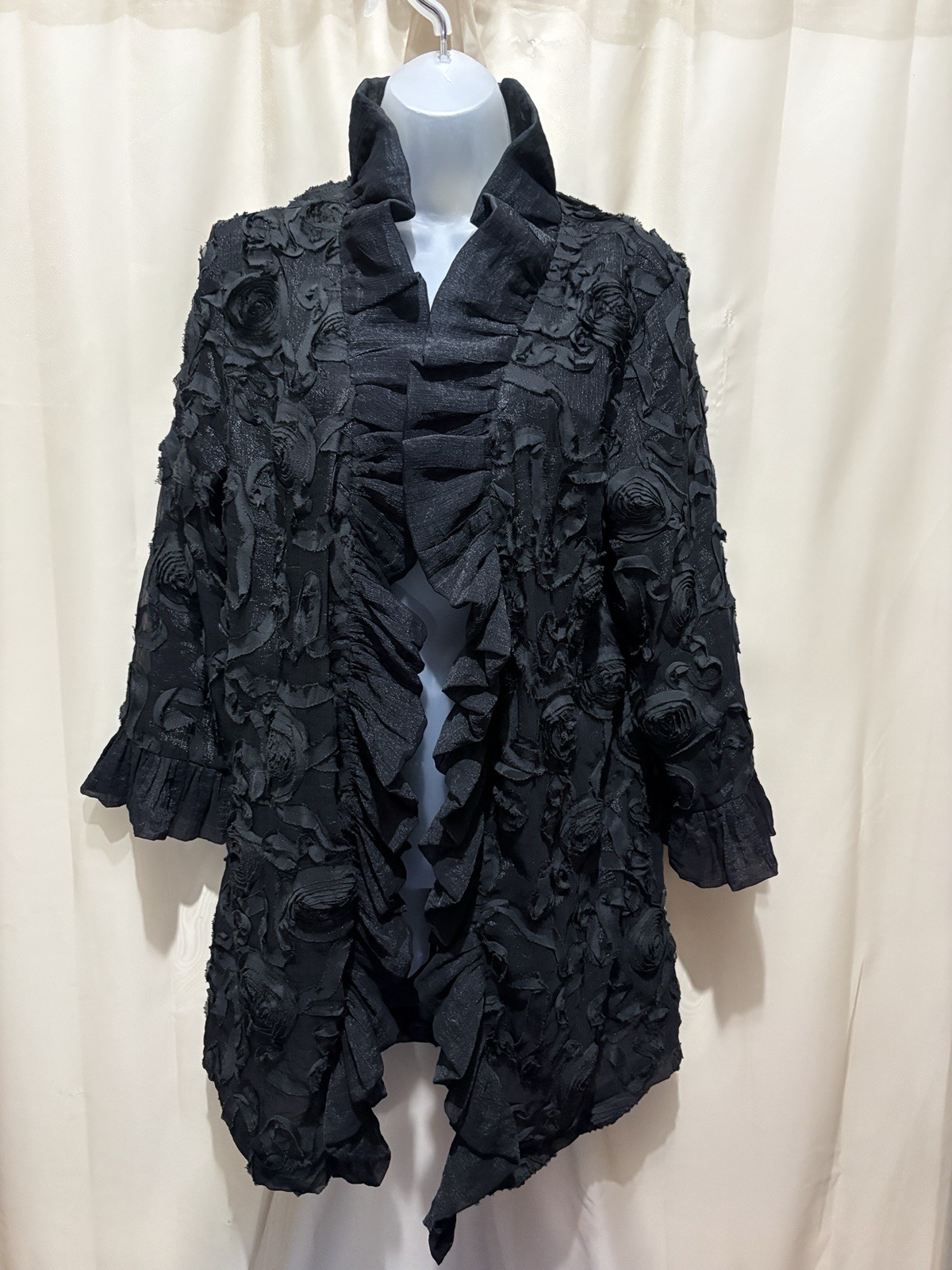 Patchington Vintage Textured Floral Open Front Jacket Black Sz L