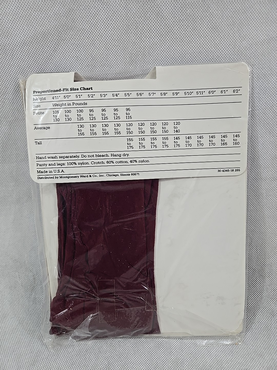Vintage Montgomery Ward Fashion Opaque Pantyhose Petite Burgandy