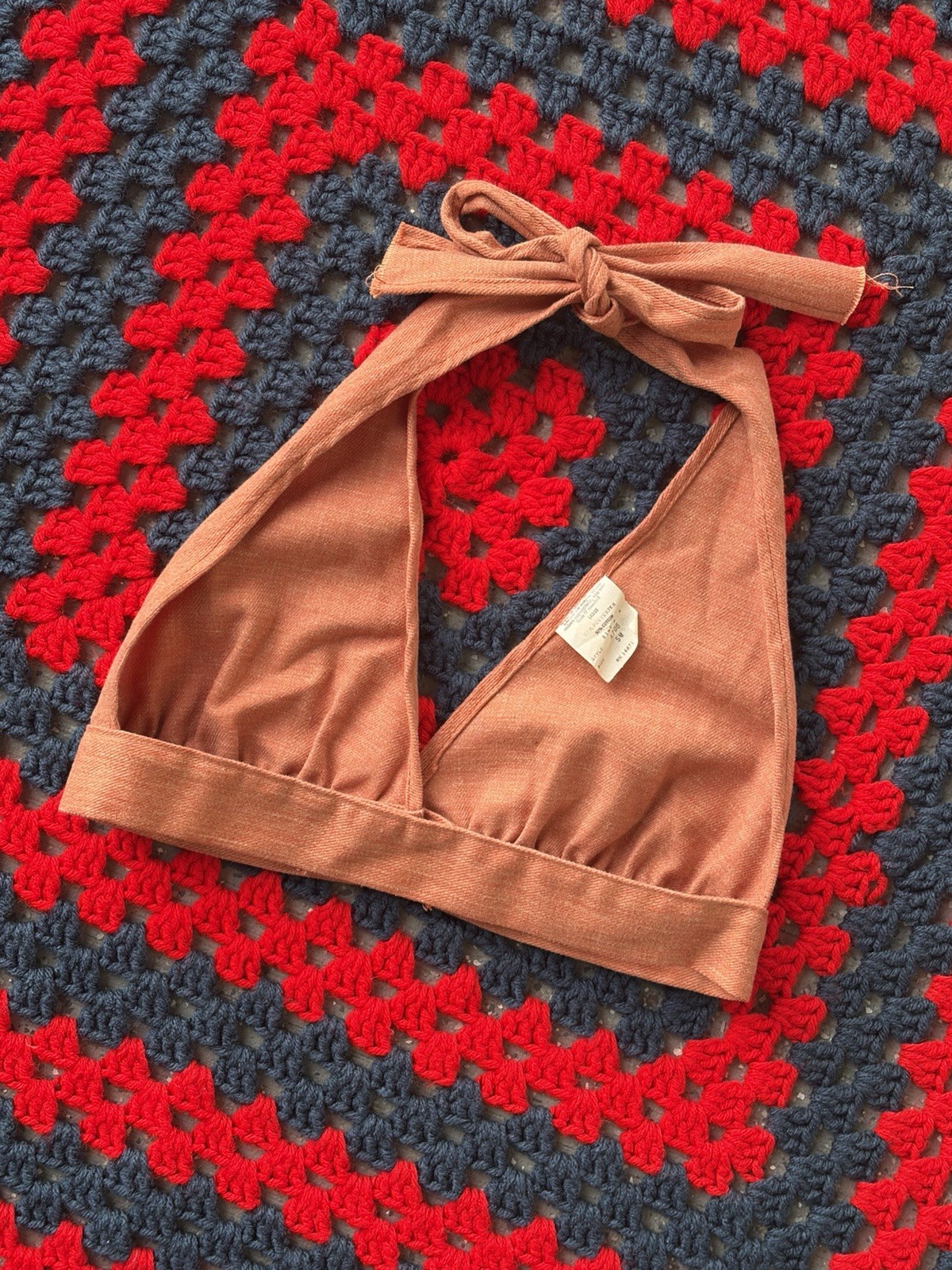 Vintage 70s Peachy Denim Halter Top Retro Hippie Boho Festival, XS-XXS