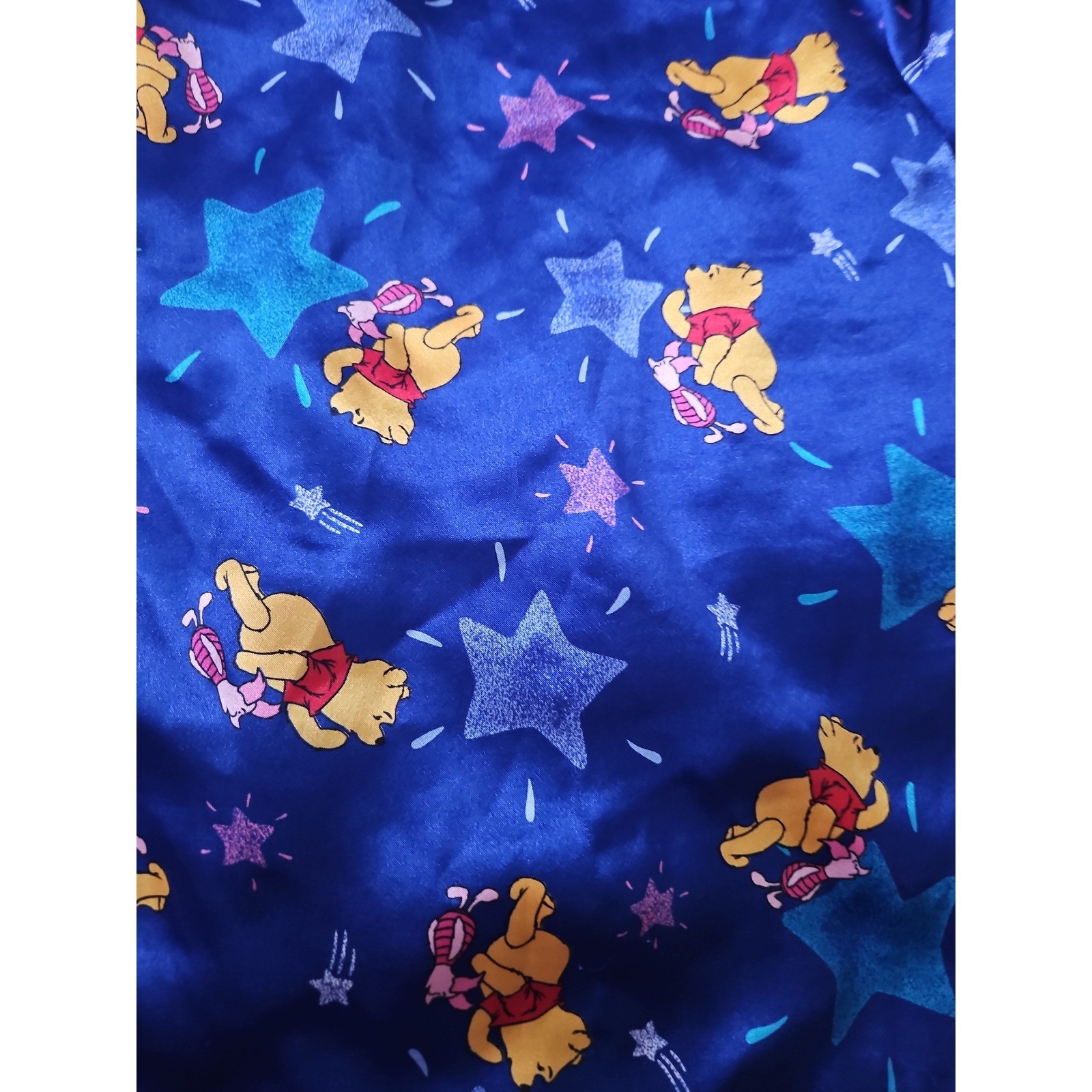 Vintage Winnie The Pooh Disney Satin Nightgown XL Blue Stars Sleepwear Dress