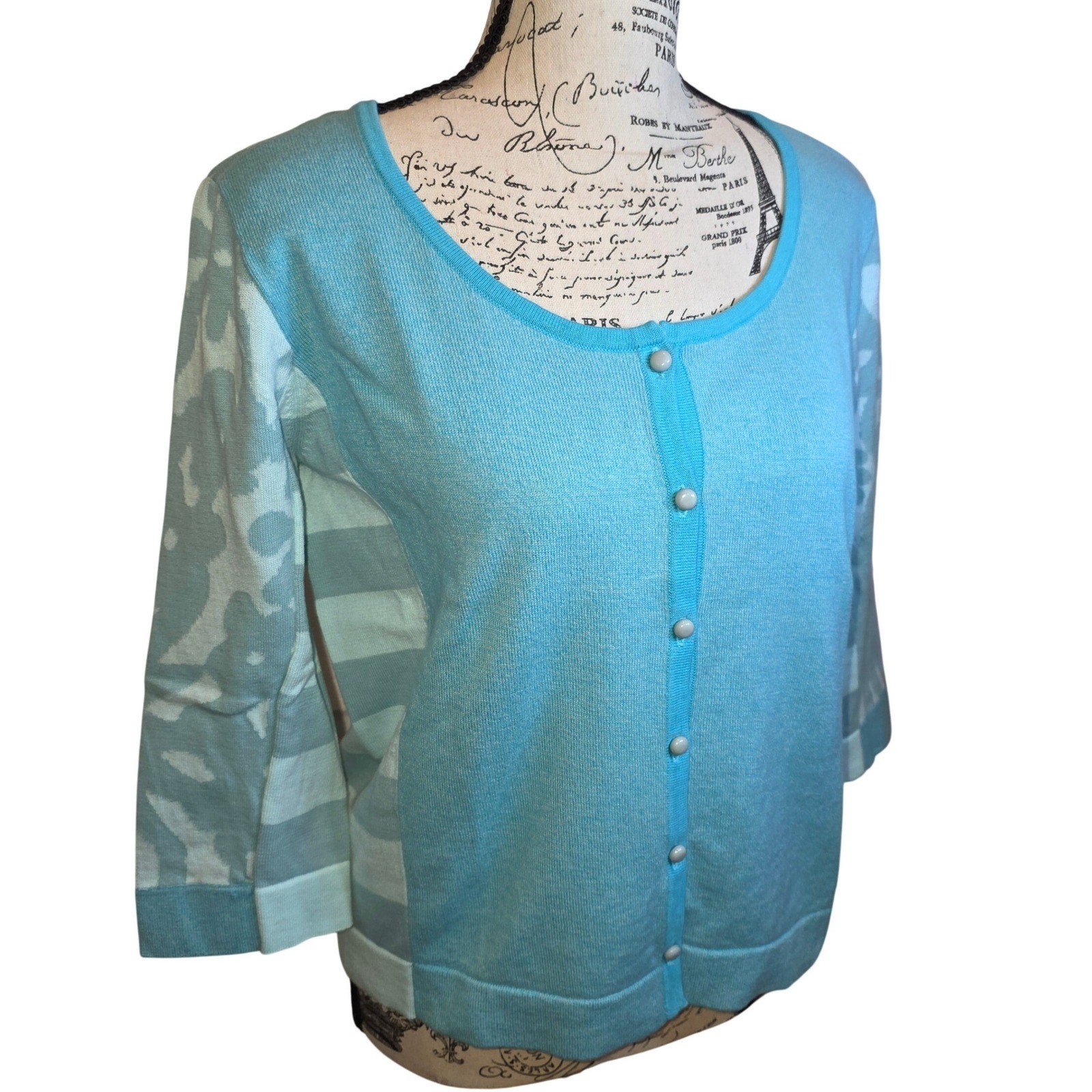 VTG 90s J. JILL Crop Cardigan Sweater Button Floral Stripe Sz Medium Blue Cotton