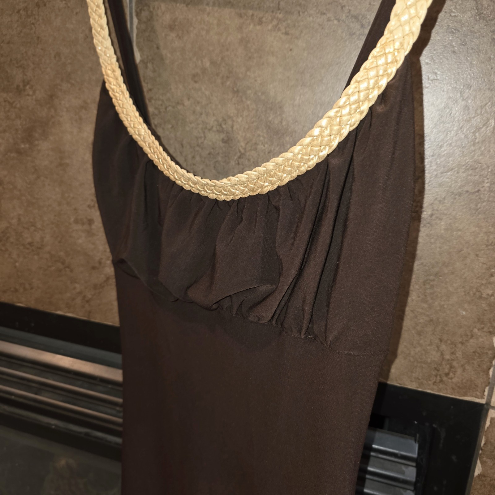 NINA PIU Sz XS Y2K Vintage Brown Gold Rope Neck Trim Brown Whinsy Fairy Dress