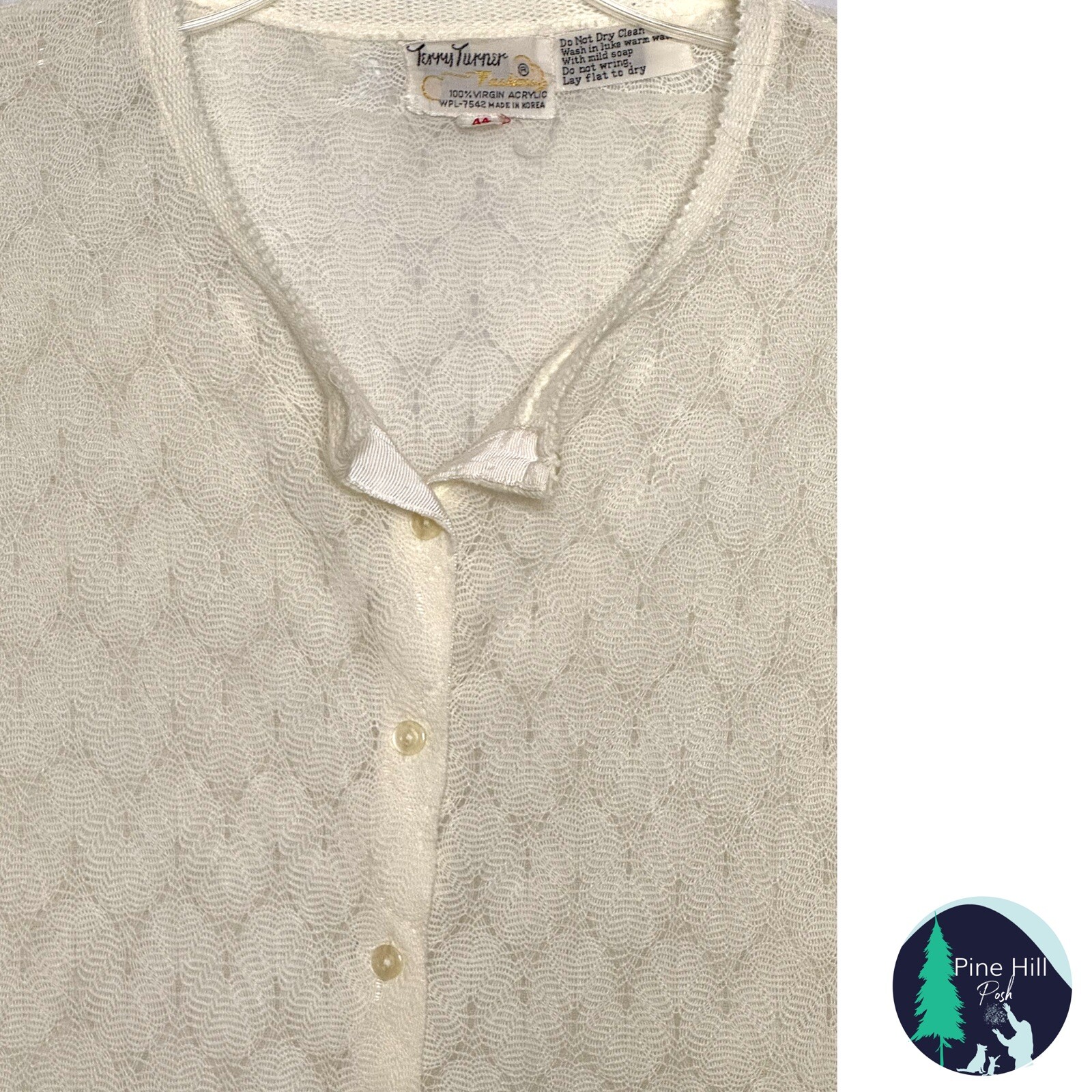 Vintage 70s Terry Turner Cardigan Sweater Sz Large Ivory Crochet Chiffon Lined