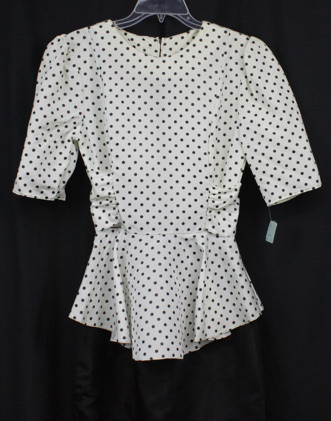 Vtg Diamond’s Run Dress 80s Retro Polka Dots Peplum Pouf Slv Black Wht NOS 11/12