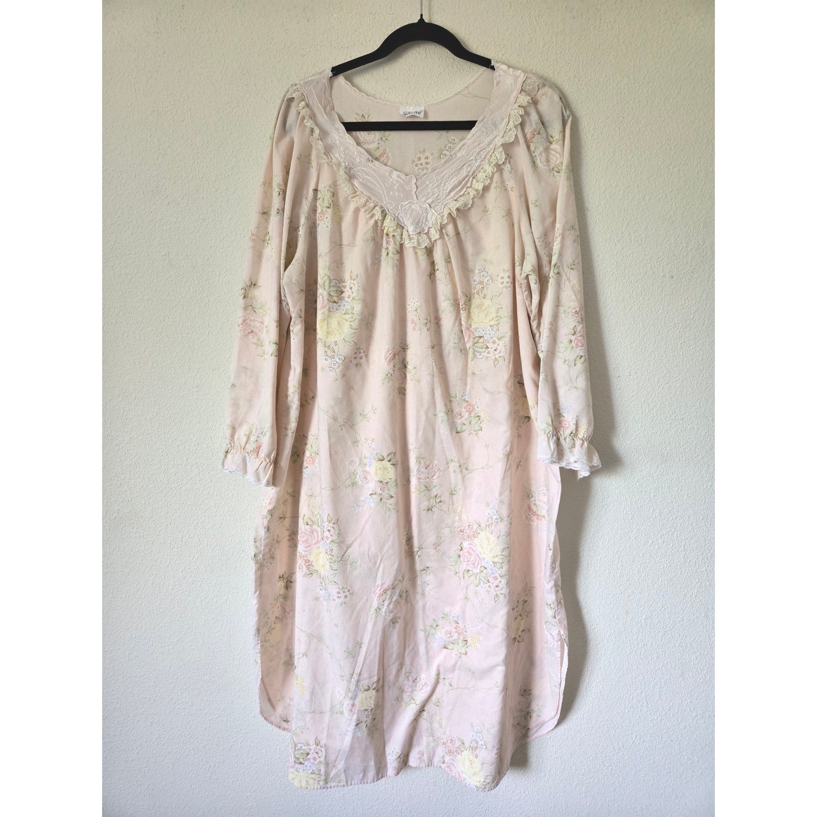 Vintage Cliche Tea Rose Lace Trim Nightgown Sleep Dress Shabby Chic Cottagecore