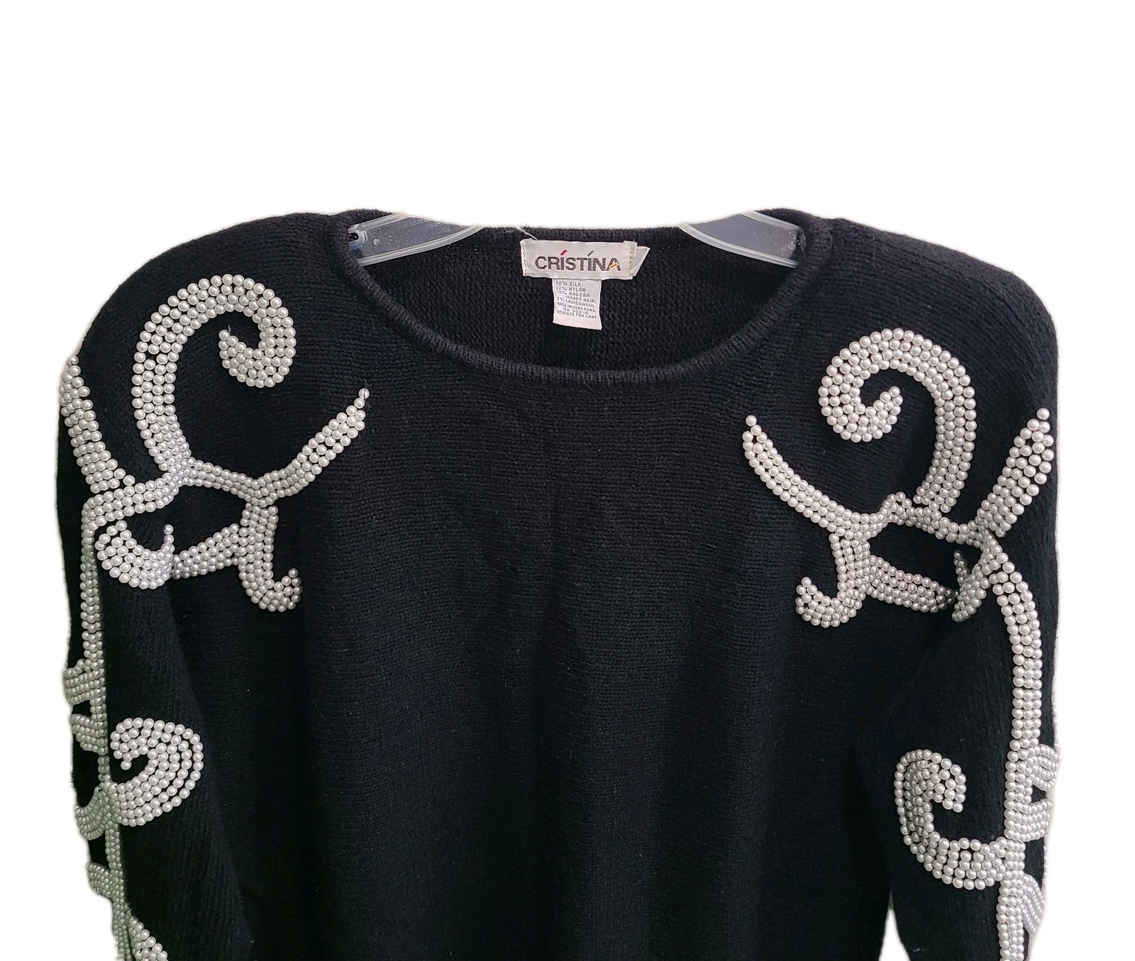 Vtg Cristina Womens Sz M Black Sweater Silk Angora Pearl Beaded Chic Cozy Unique