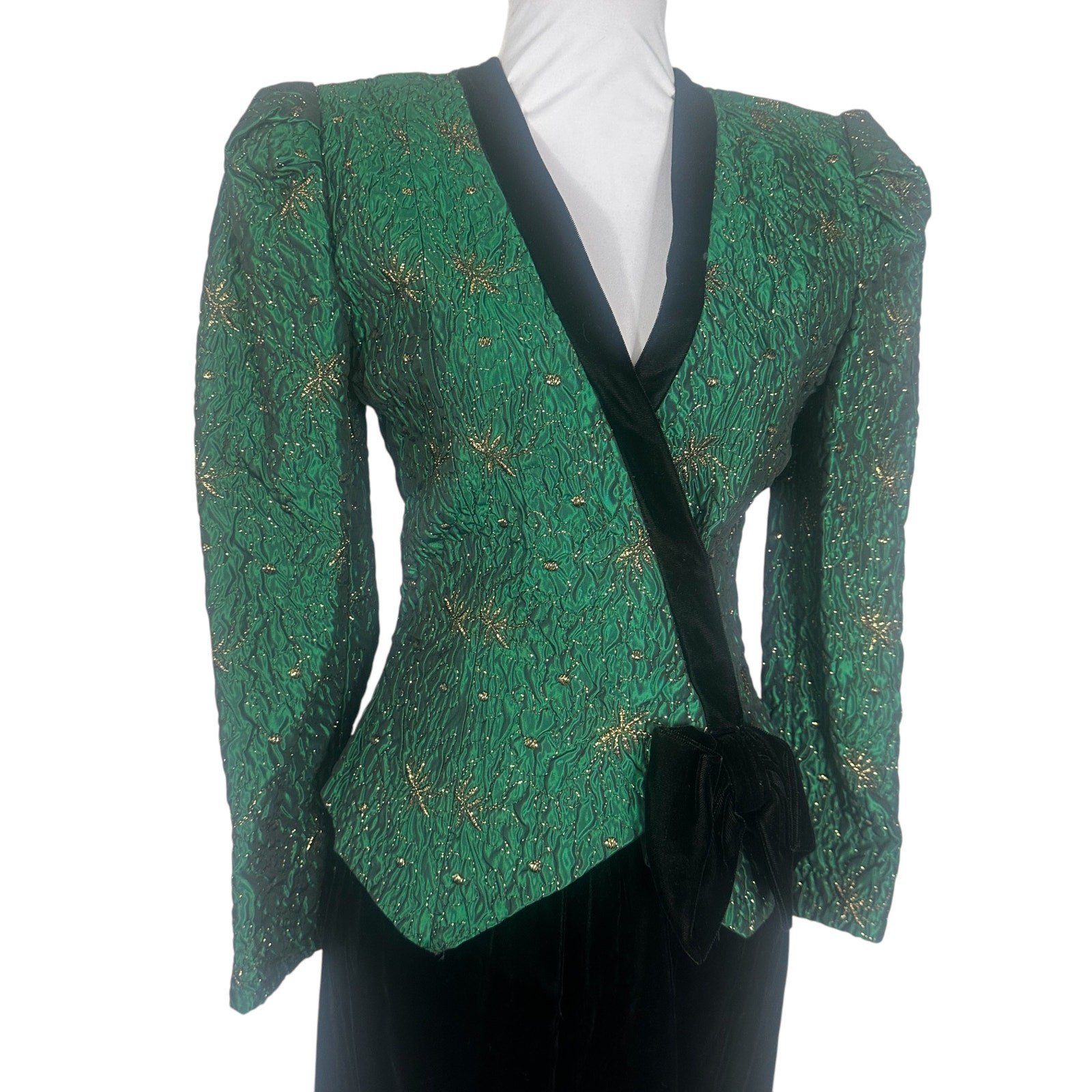 Vintage 1980s Green Gold Brocade and Velvet Two Piece Dress XS/S