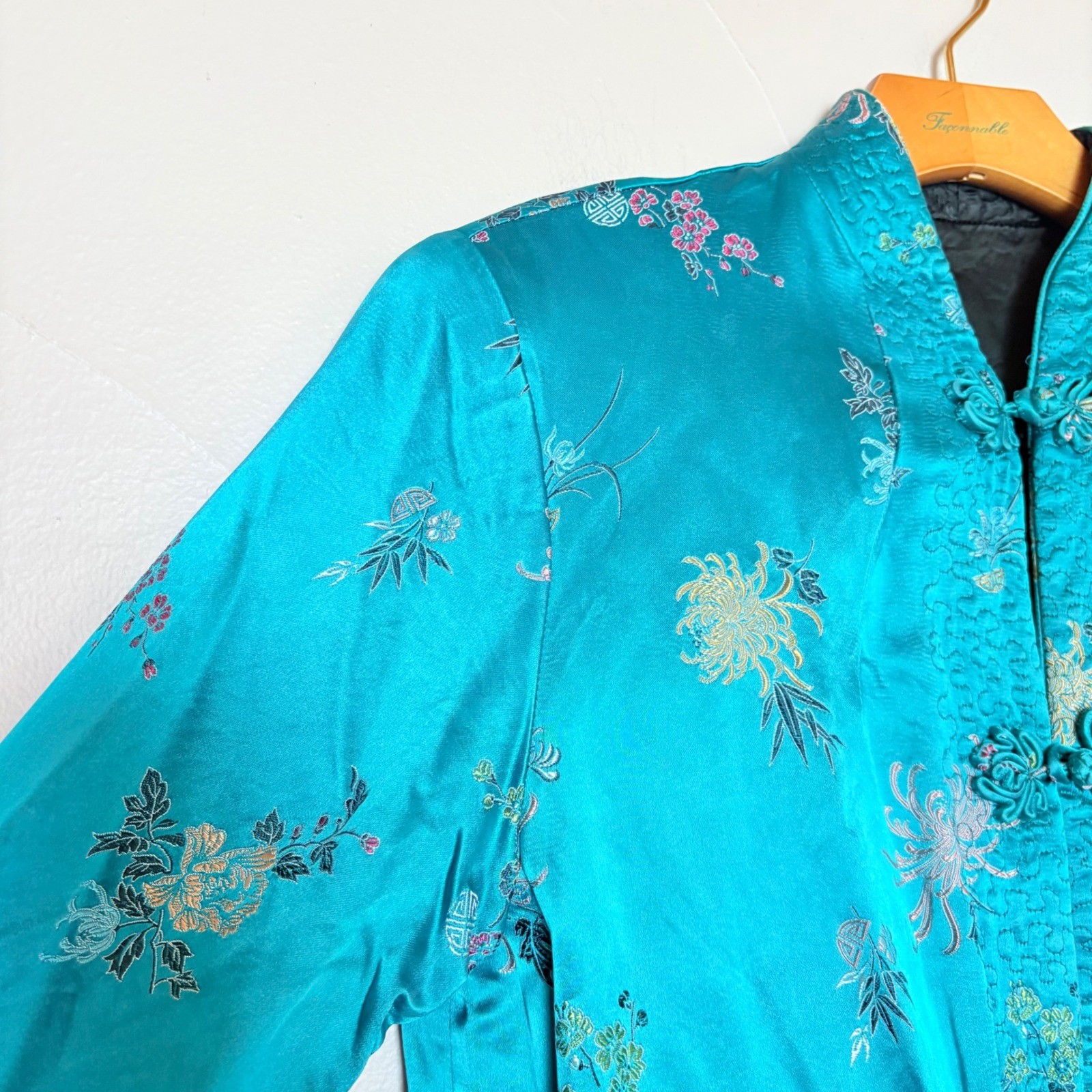 Vintage Reversible Satin Chinese Jacket Teal Black Embroidered Frog Buttons