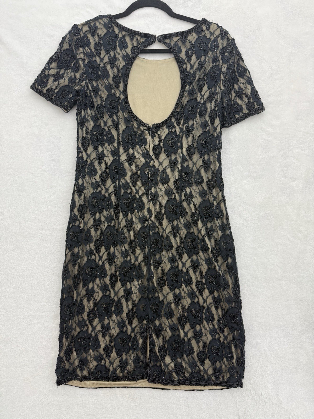 Vintage Black Lace And Nude Dress Beaded By Brilliante J.A. Size Small