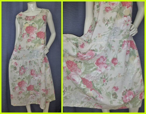 Vtg 80s Garden Floral Print Muslin COTTON Country Drop waist Boho midi Dress ML