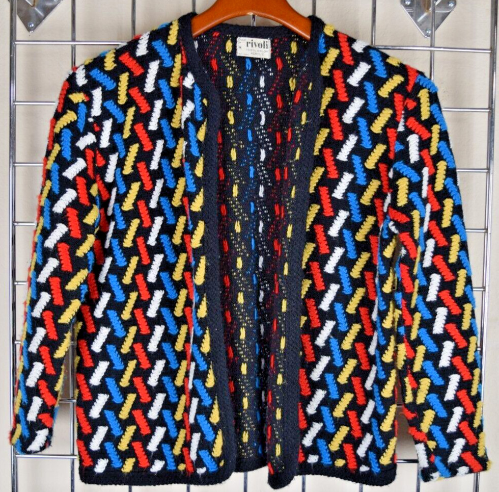 Vintage Knit Sweater Size S/M 60s Rivoli Black Red Blue Yellow White Diagonald