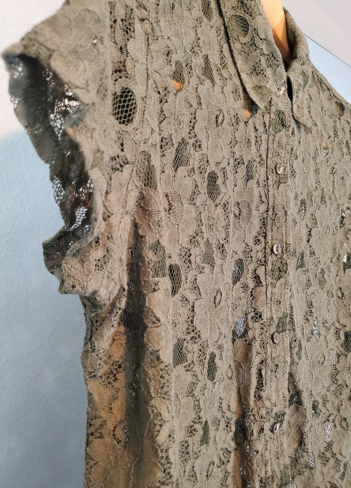 CATO Y2K Olive Green Floral Lace Button Up Shirt Womens XL Boho Goth
