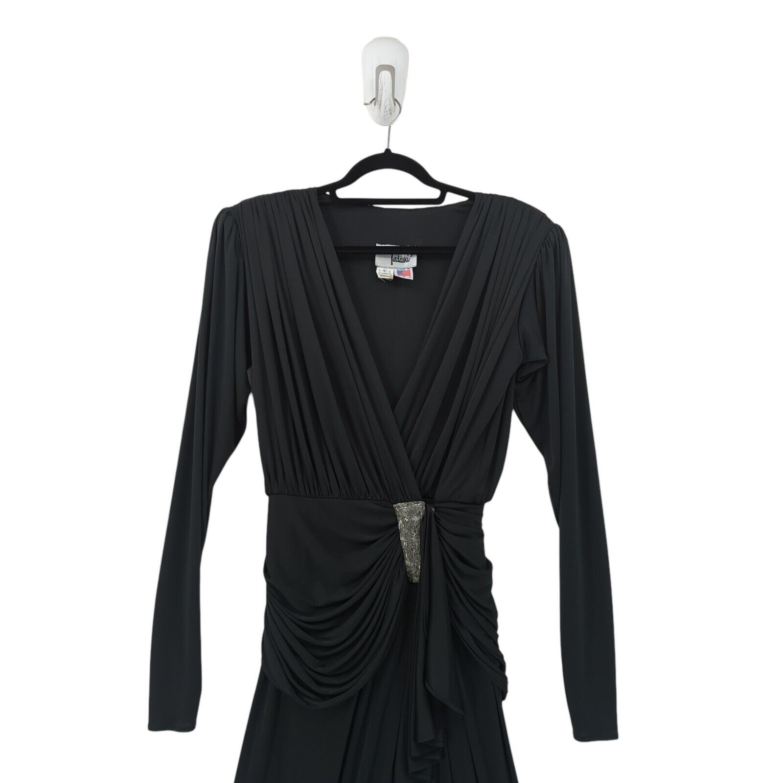 VTG 80s Tadashi Shoji Women 6 Dress Black Gown Beaded Faux Wrap Empire Waist