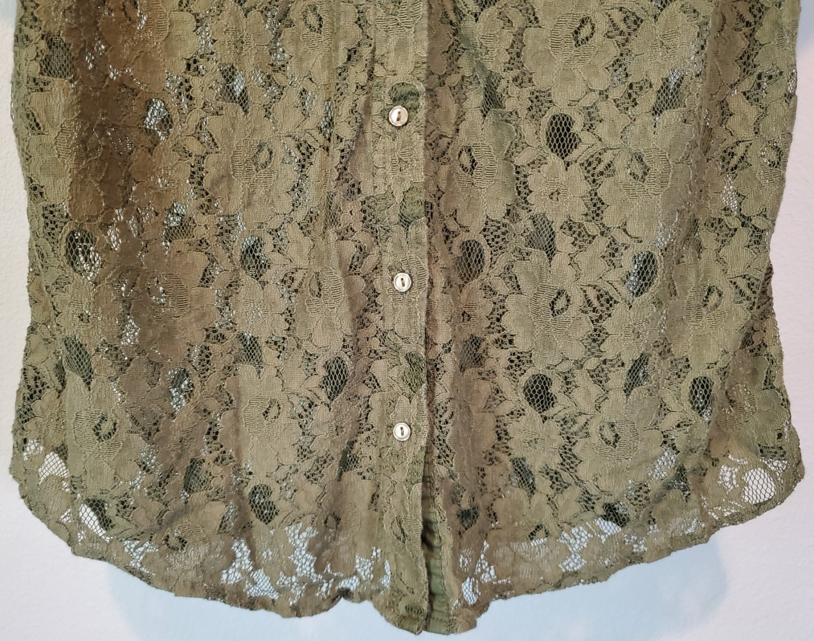 CATO Y2K Olive Green Floral Lace Button Up Shirt Womens XL Boho Goth