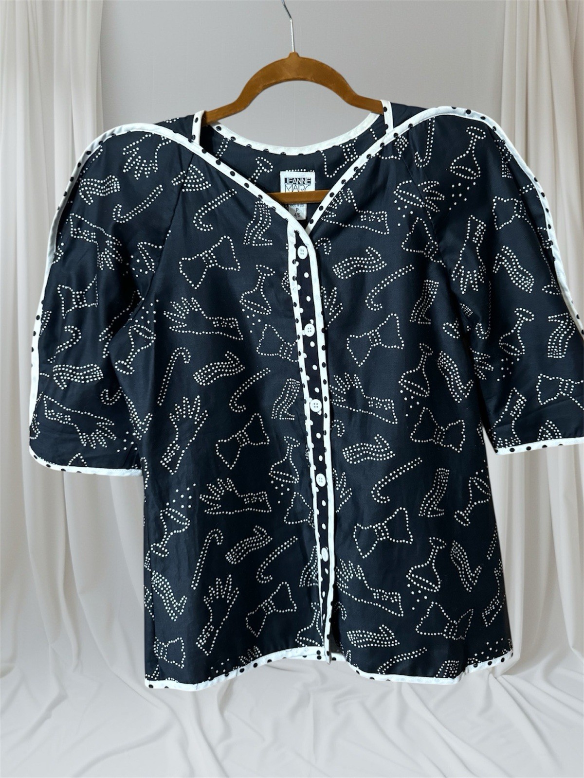VTG Jeanne Marc Black & White Tailored Blouse Bows High Heels Champagne 4/6 P