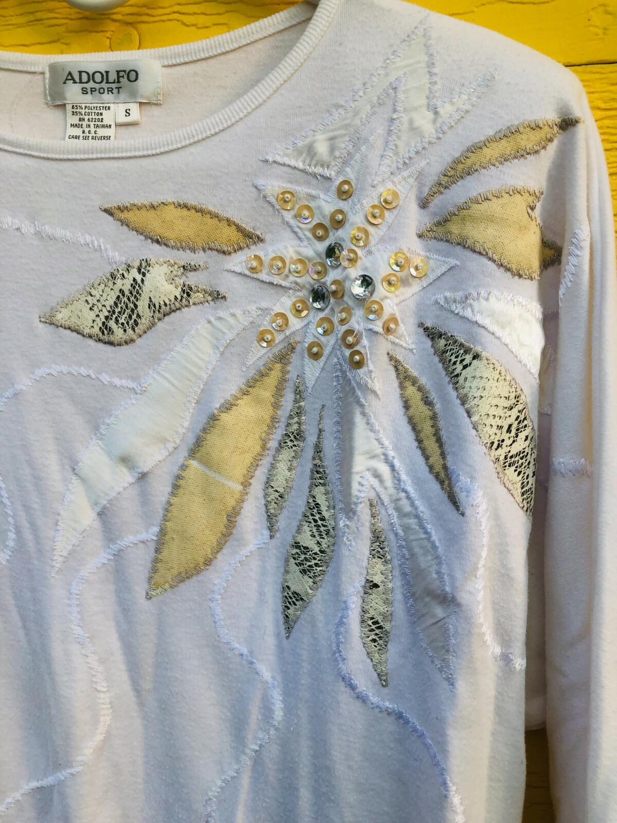 Adolfo Sport vintage poly/cotton white beaded top w/shoulder pads, small
