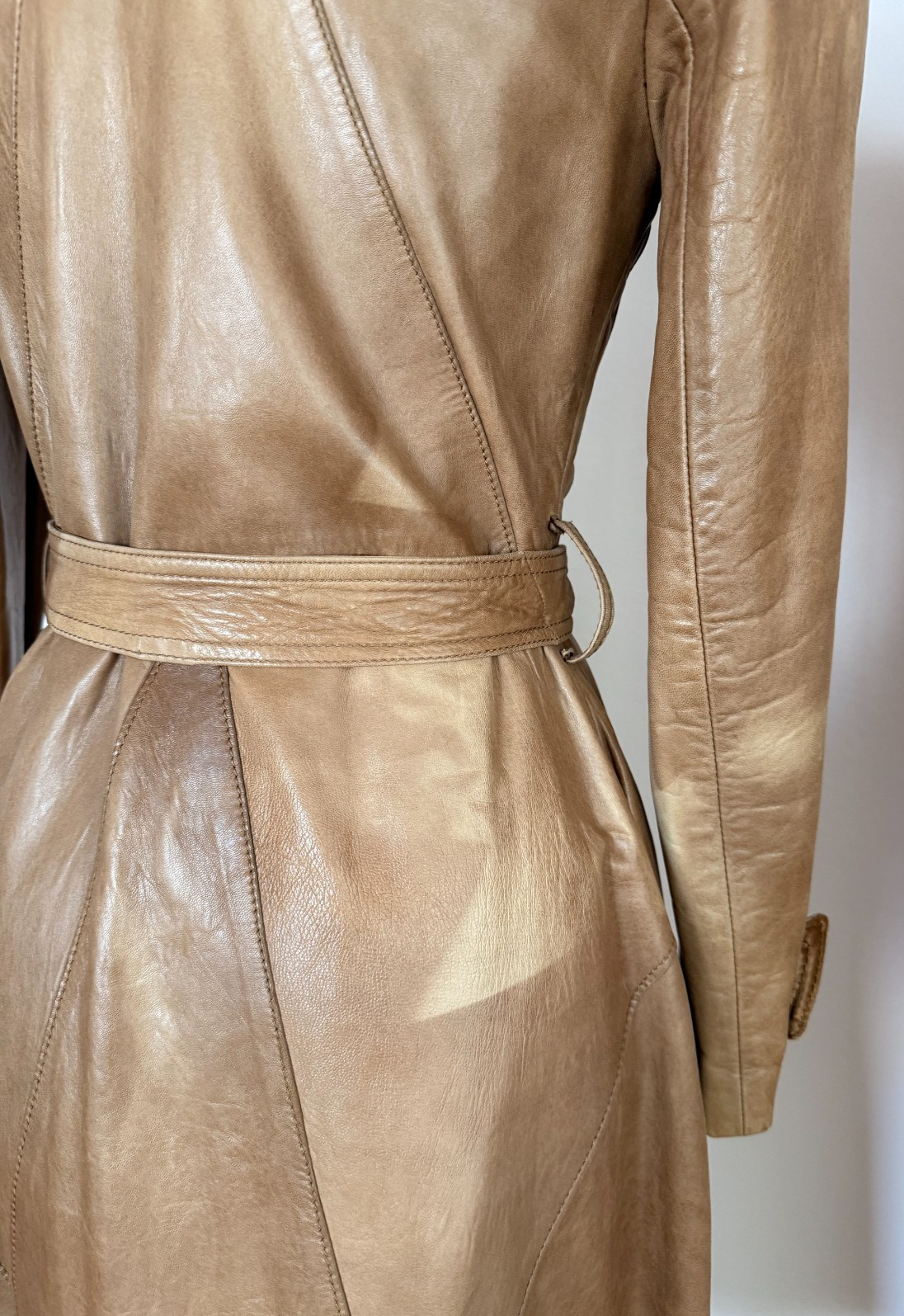 Vintage 100% Leather Trench Coat XS XXS Tan Belted Jacket Handmade in Mexico