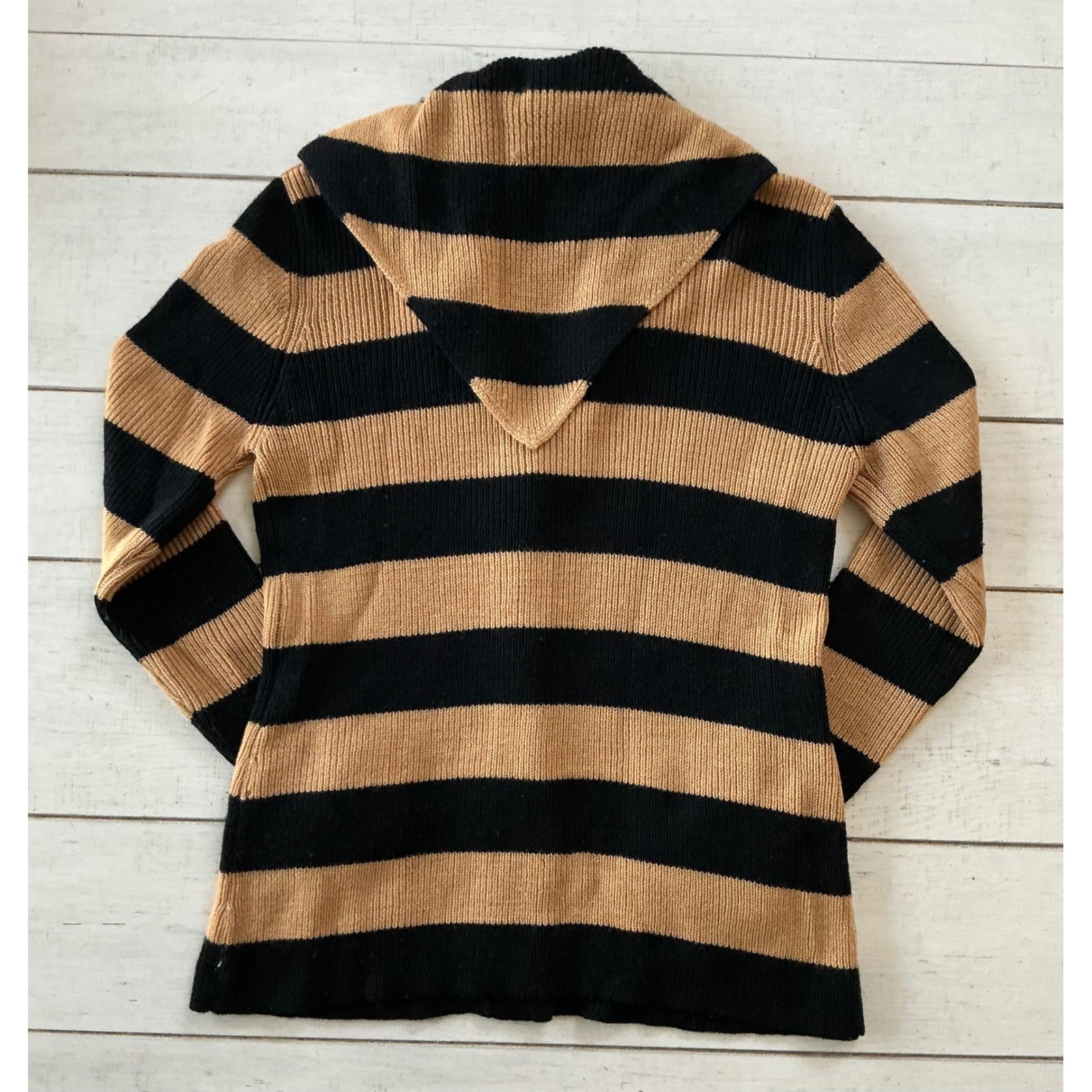 Vintage Riki for Crazy Horse 100% Wool Striped Hooded Cardigan Sweater Tan Black