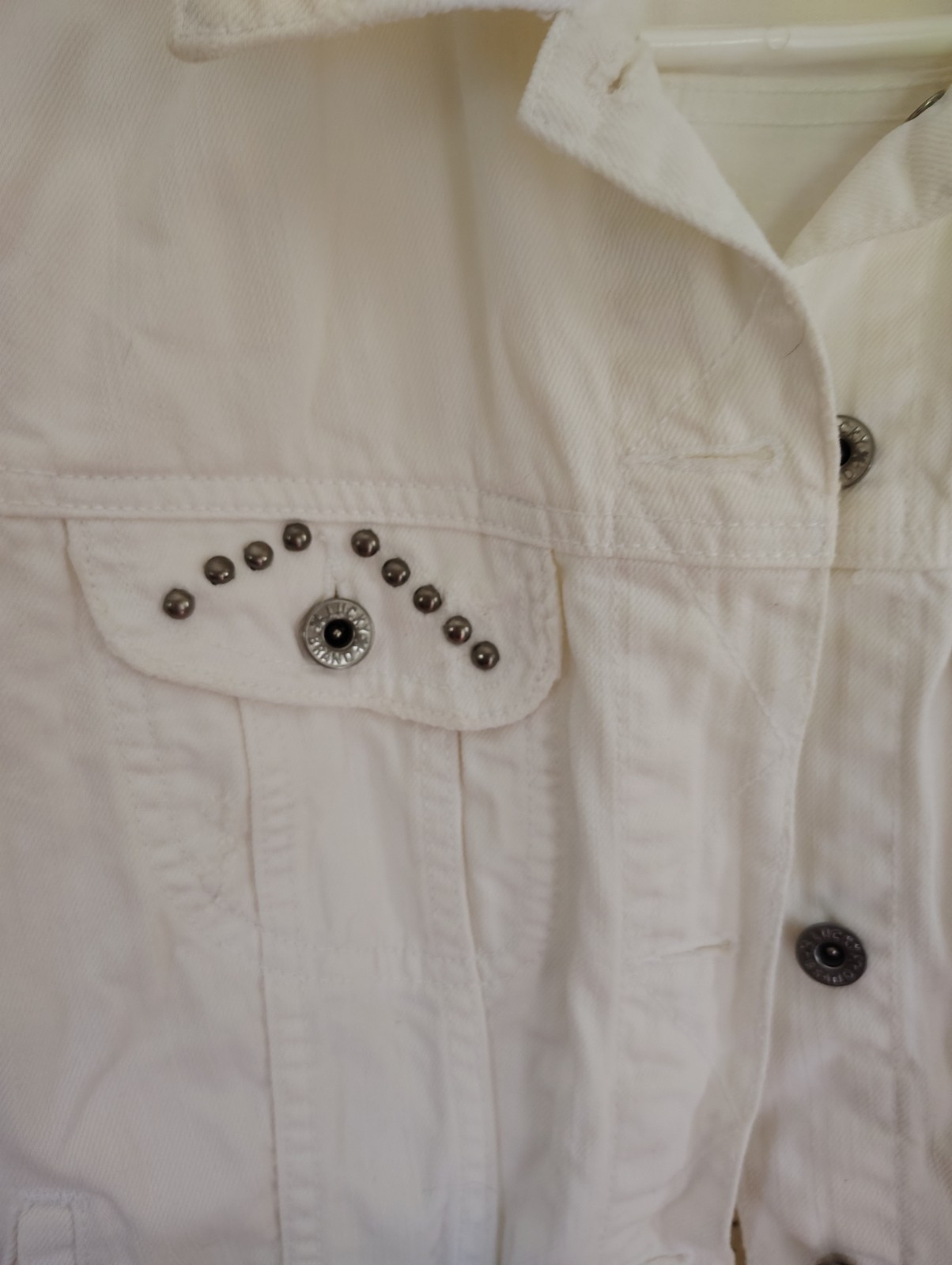 Lucky Brand Studded Denim Jacket XL White Cream Heavy Metal Studs Boho Medallion