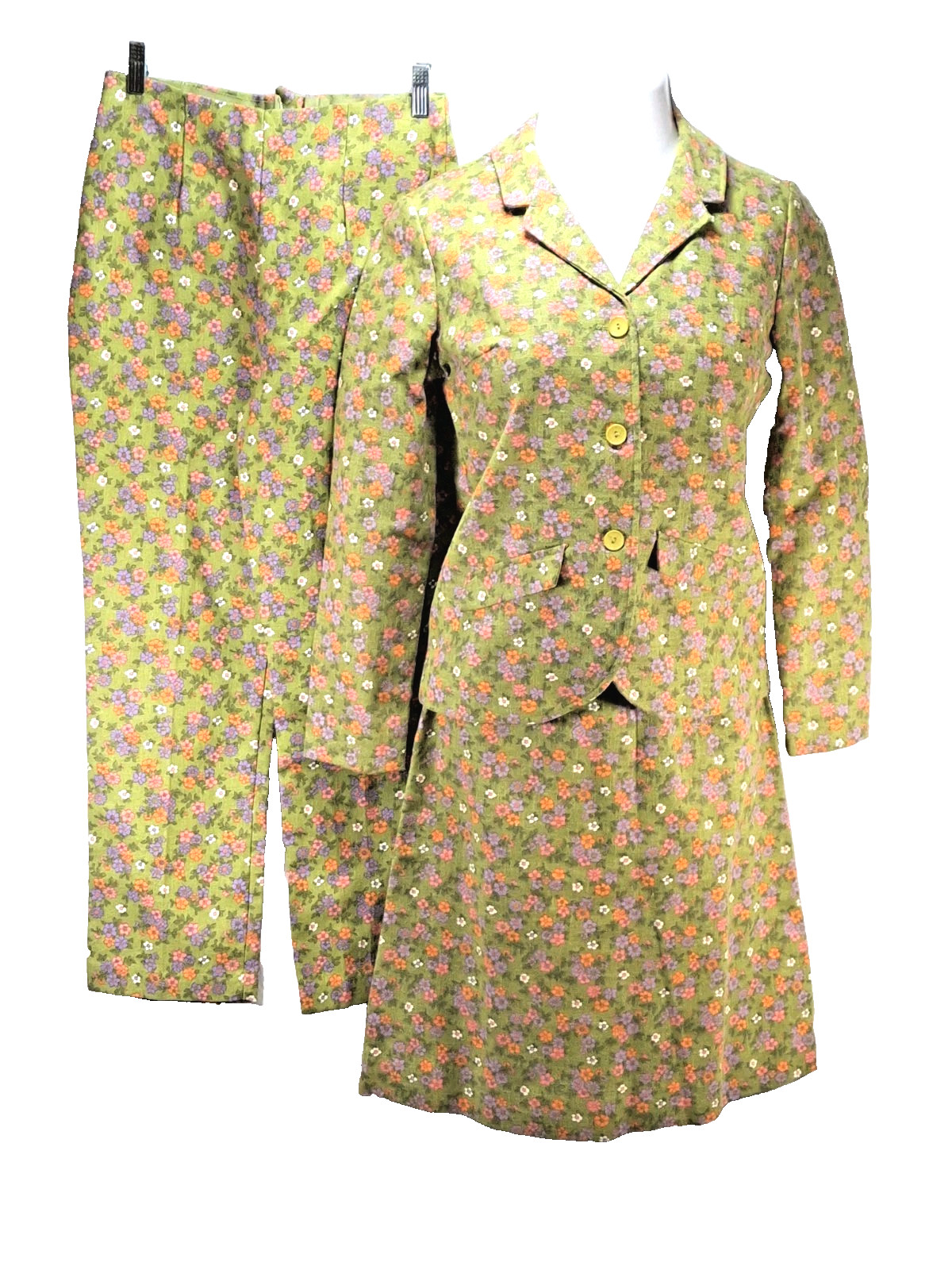 VTG 50s Carol Brent 3 Piece Suit Sz 10 Green Floral Jacket Skirt Pants Cotton