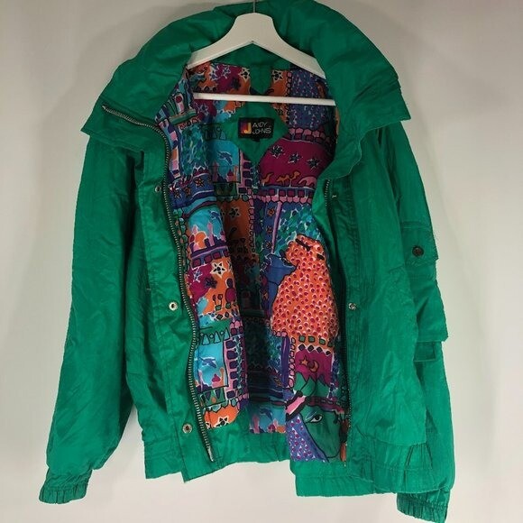 Vintage Andy Johns Green Swishy Windbreaker Medium Geometric Lining Zipper 80s