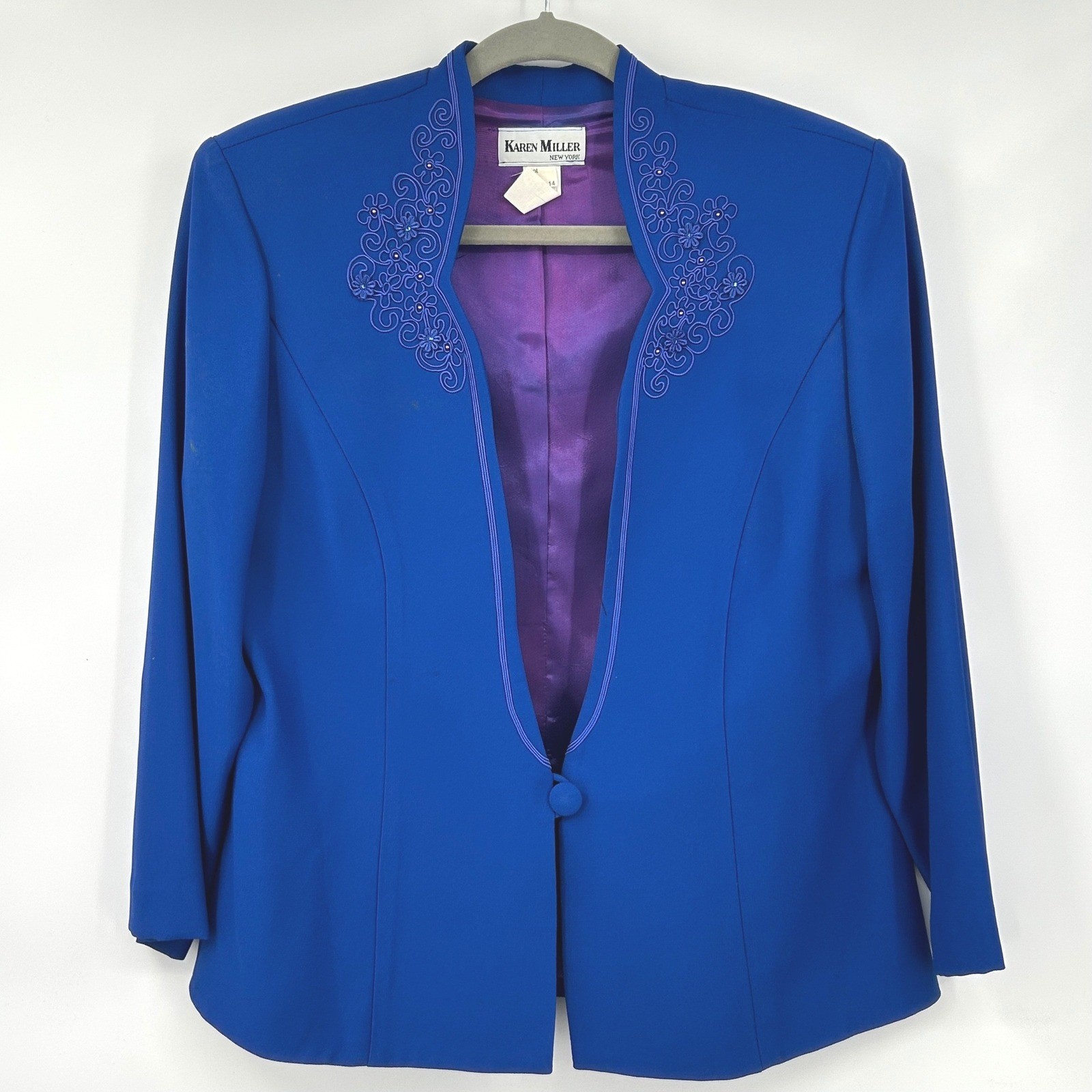 Womens Vintage 90s 3pc Skirt Suit Set Cobalt Blue Embroidered Karen Miller 14
