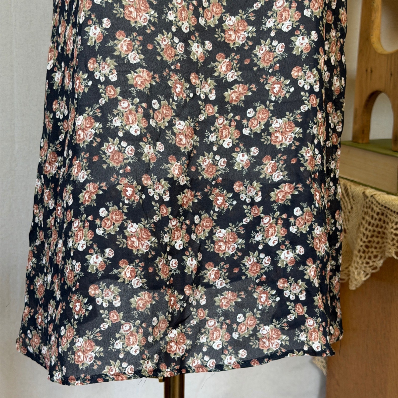 Girly Grunge Black Floral Print Slip Dress Indie Sleaze 90s Vintage Medium Sheer