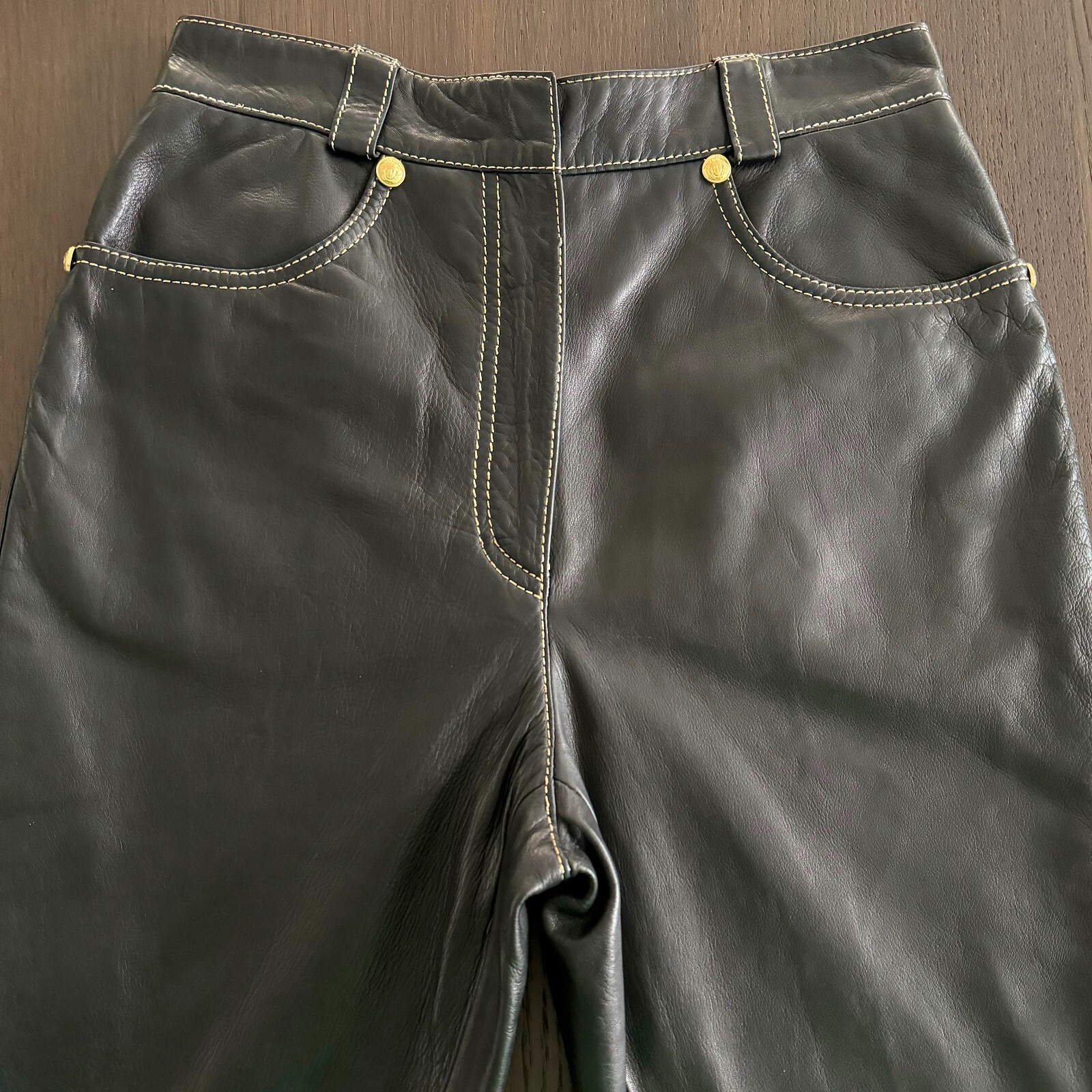 GIANNI VERSACE black leather pants w/ gold stitch size IT 42 from F/W 1992/93